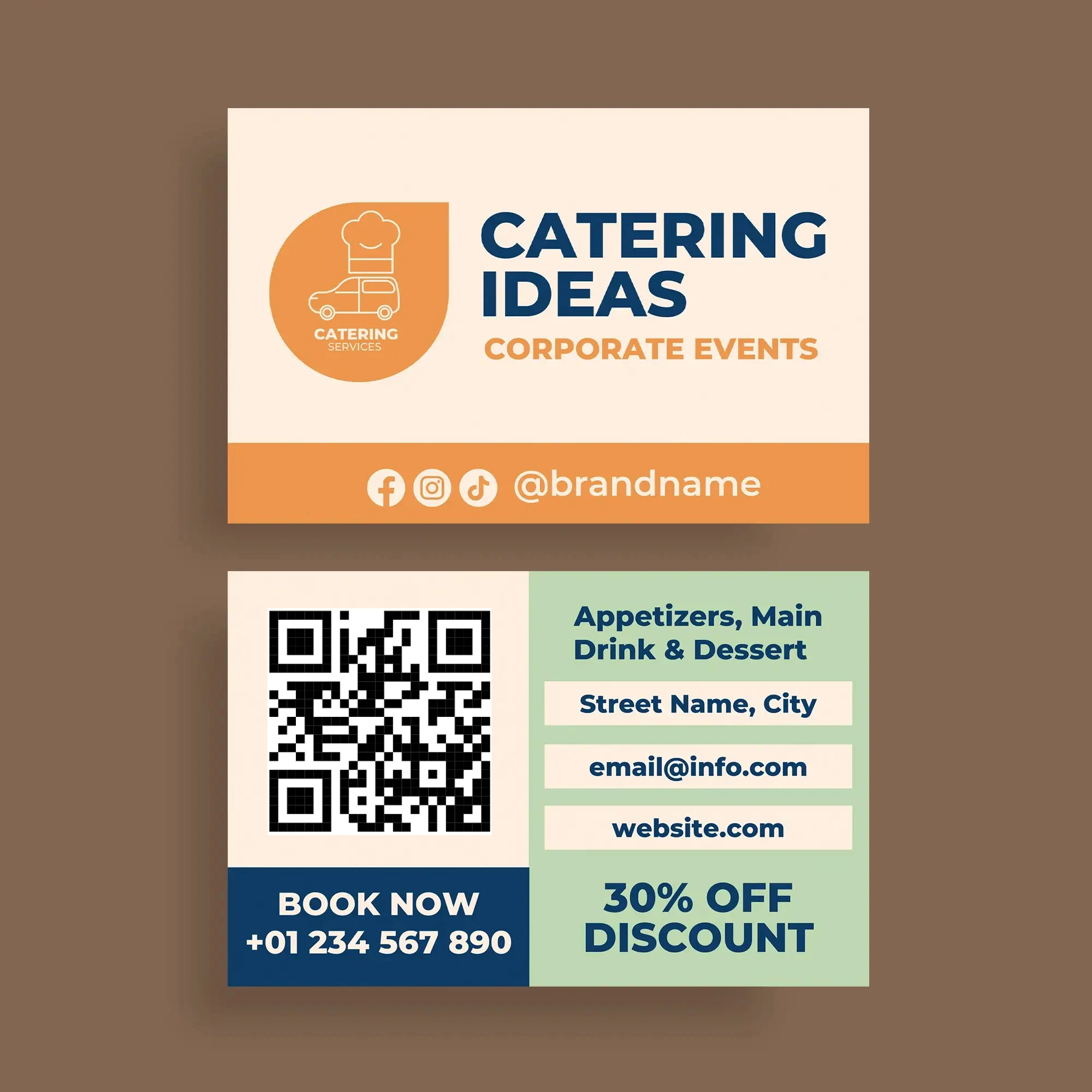Corporate catering service business card with QR codes for event planning, menu access, and professional meeting coordination