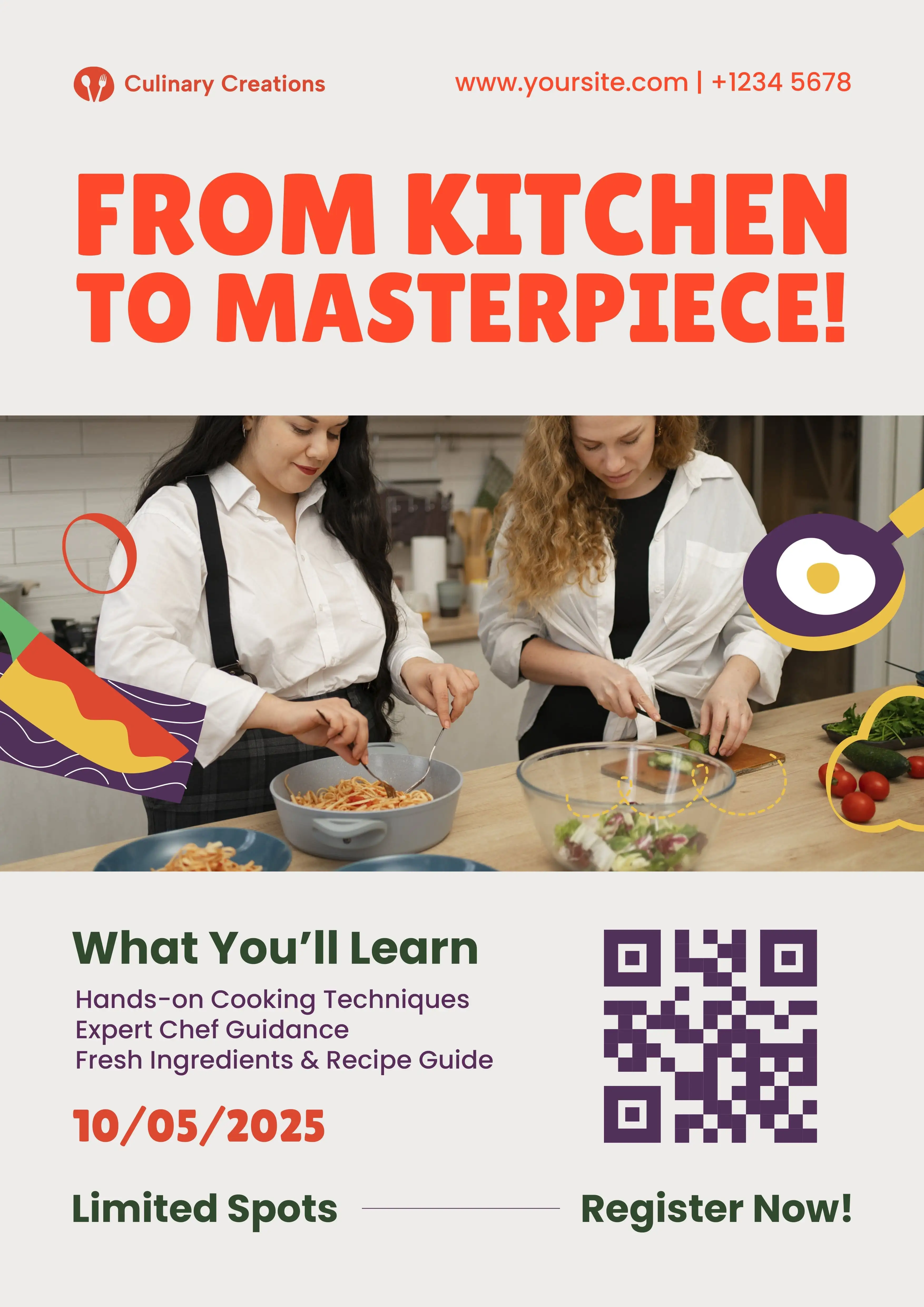 Culinary training and food service education promotional materials featuring QR codes for cooking school programs and professional kitchen skills