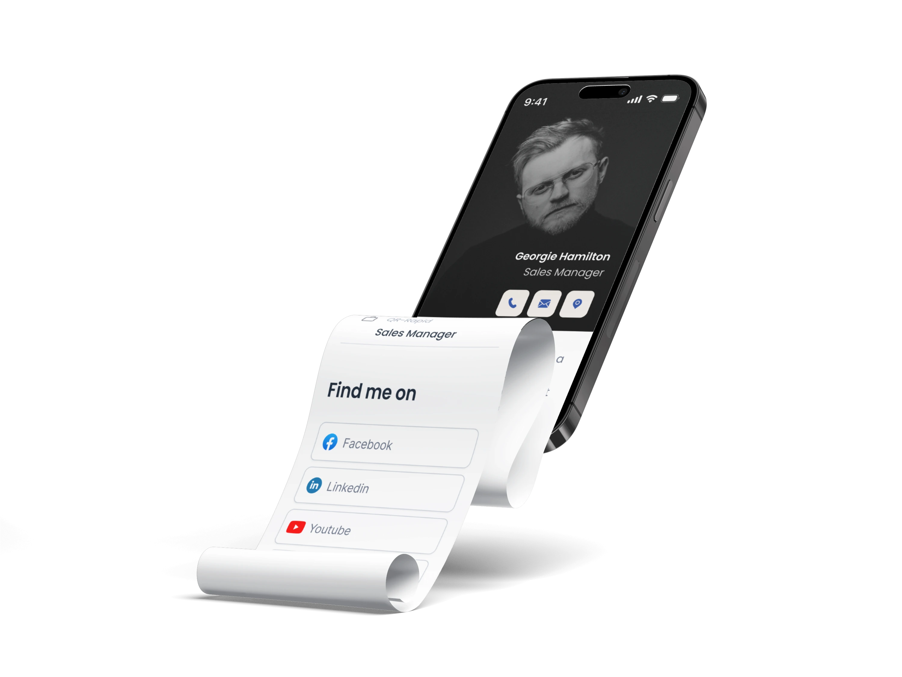 Digital business vCard on mobile phone with contact buttons and scrollable links to social media platforms like Facebook, LinkedIn, and YouTube.