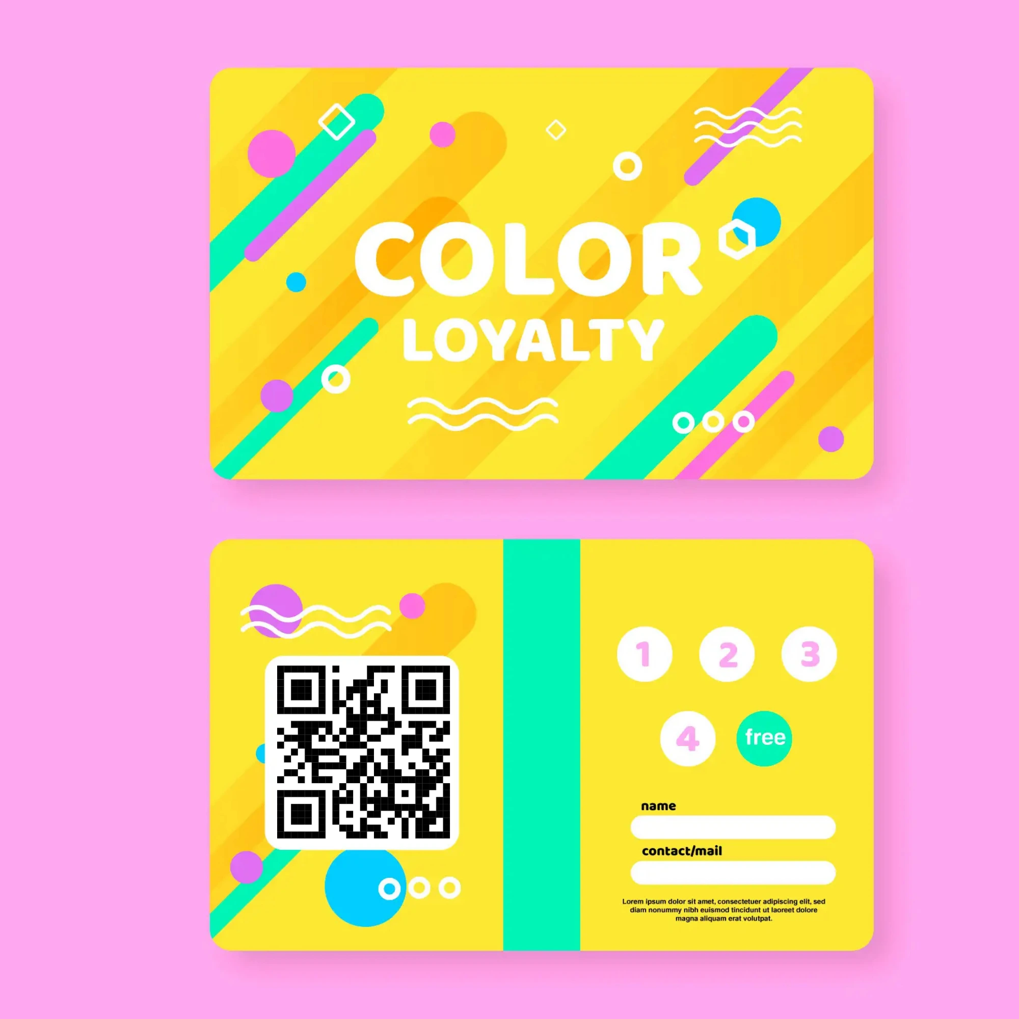 Colorful event loyalty program card with QR code for rewards points and repeat attendance marketing