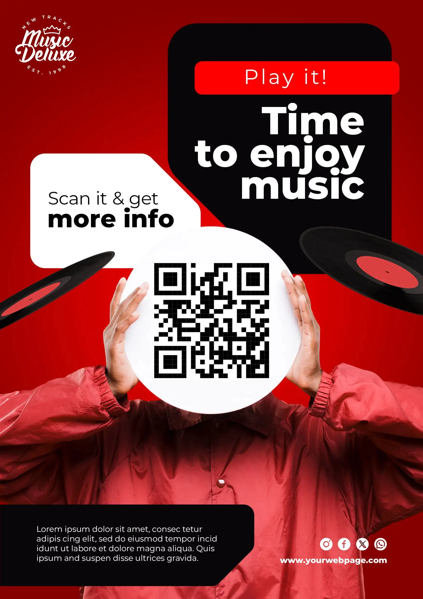 Music event promotional design with QR code and "Play It" message for entertainment content access
