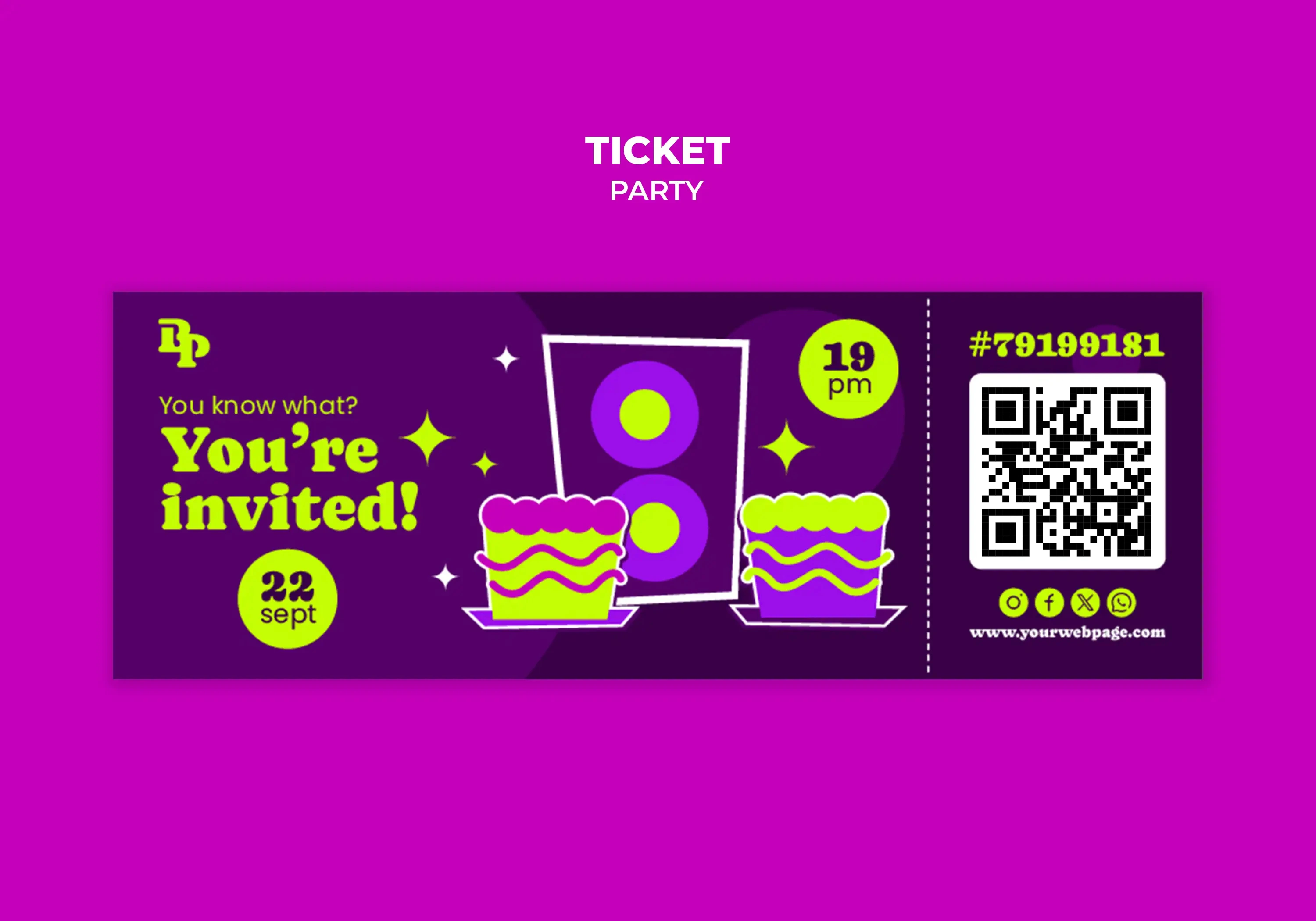 Purple party invitation with QR code and "You're Invited" message for event RSVP and details