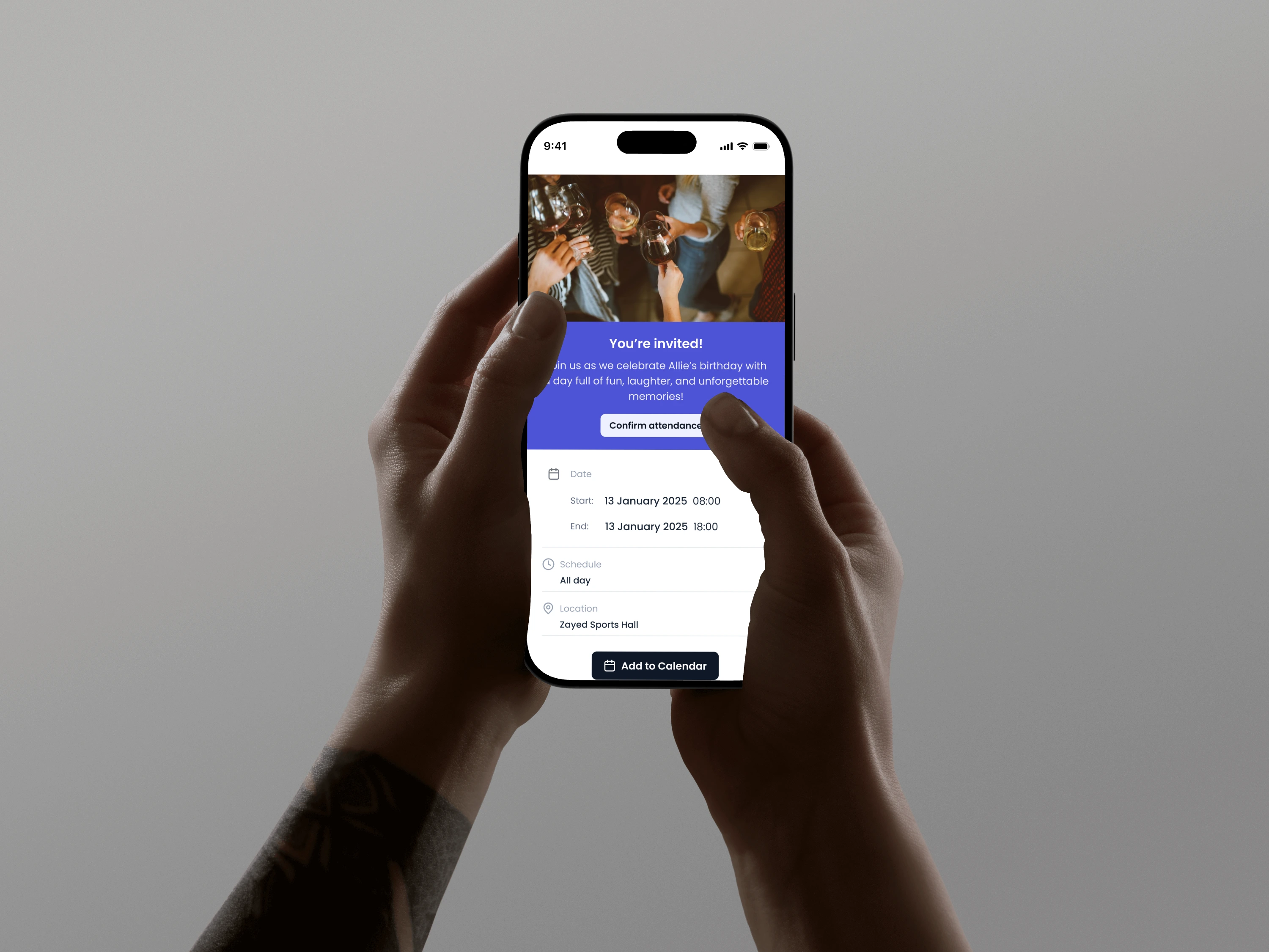 Invitation interface on smartphone showing event details, including date, time, location, and option to confirm attendance or add to calendar using a QR code.