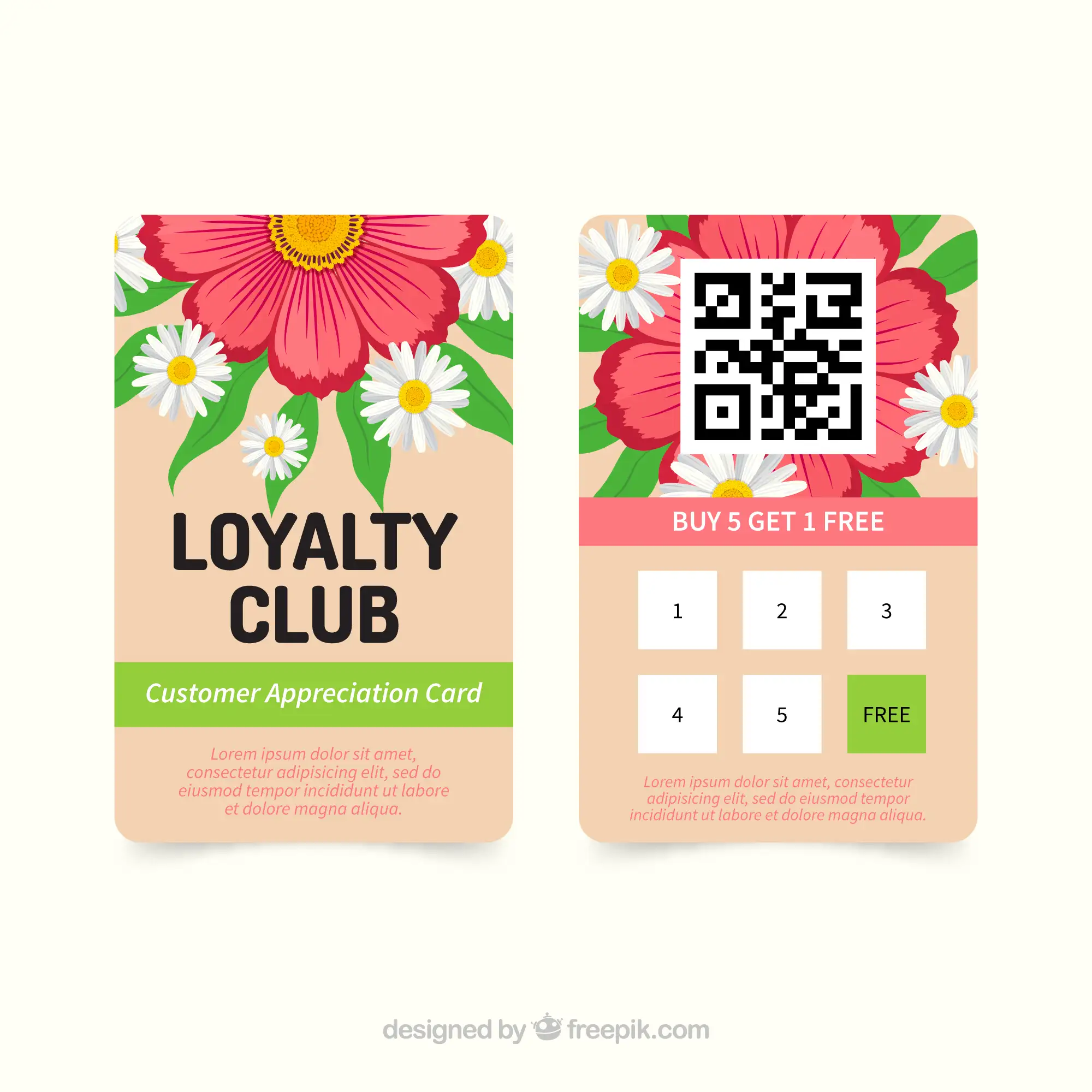 Customer loyalty program cards and rewards system featuring QR codes for digital membership and discount management