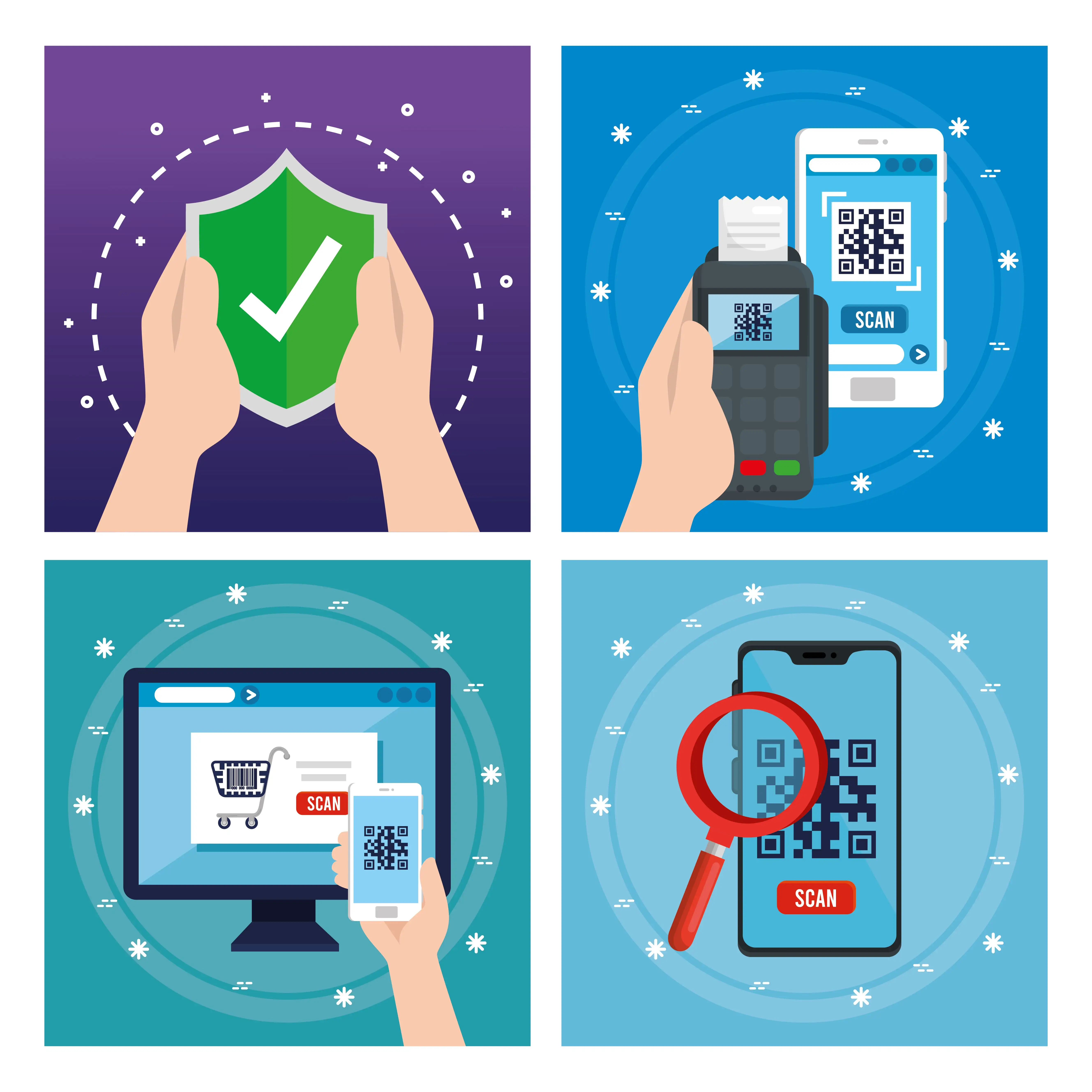 Digital security and privacy protection icons with QR code systems for personal data safety and online security management