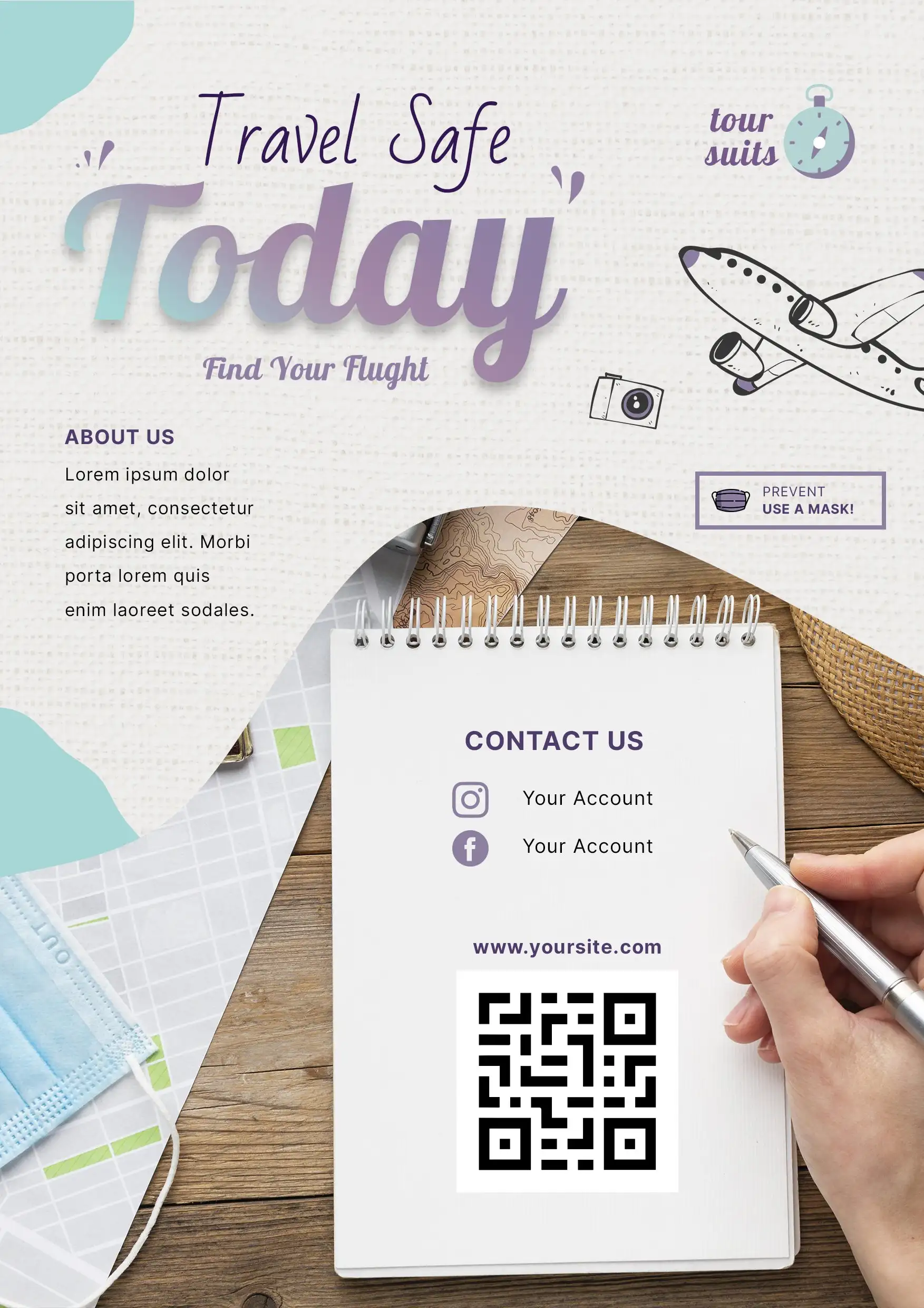 Travel planning documents and safety information with QR codes for emergency contacts and itinerary management
