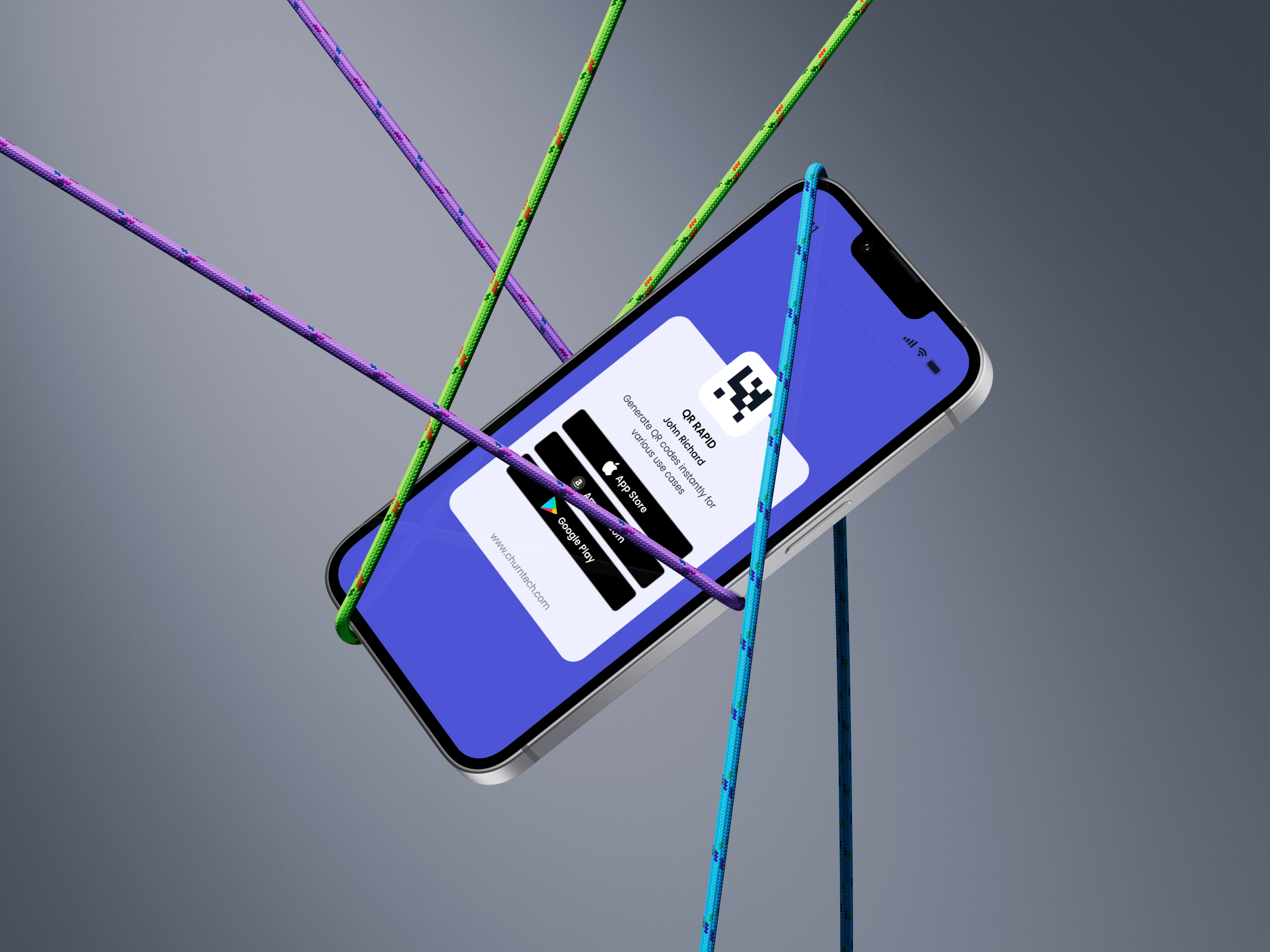Smartphone with QR Rapid app download screen, symbolizing life hack solutions through QR codes, surrounded by colorful ropes.