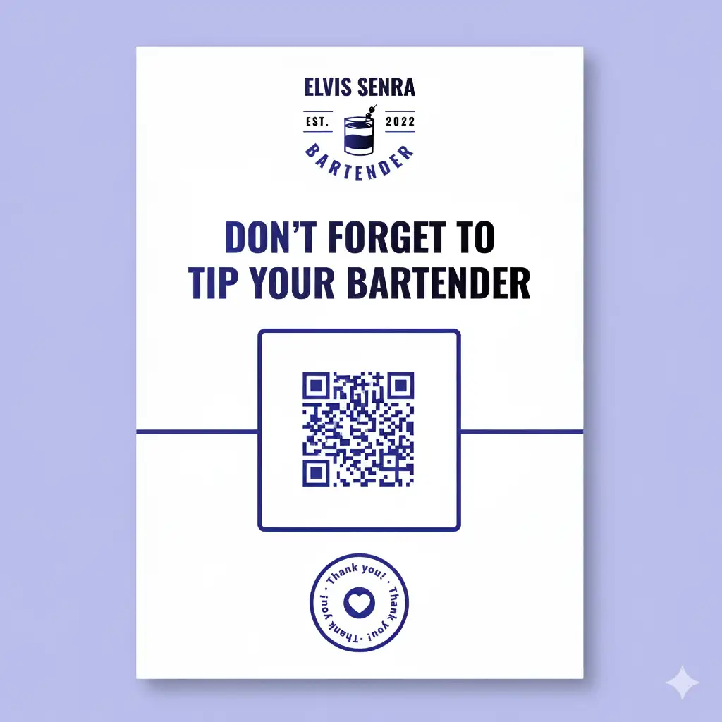 Digital tip jar QR code sign for bartenders and restaurant service staff allowing easy mobile payments.