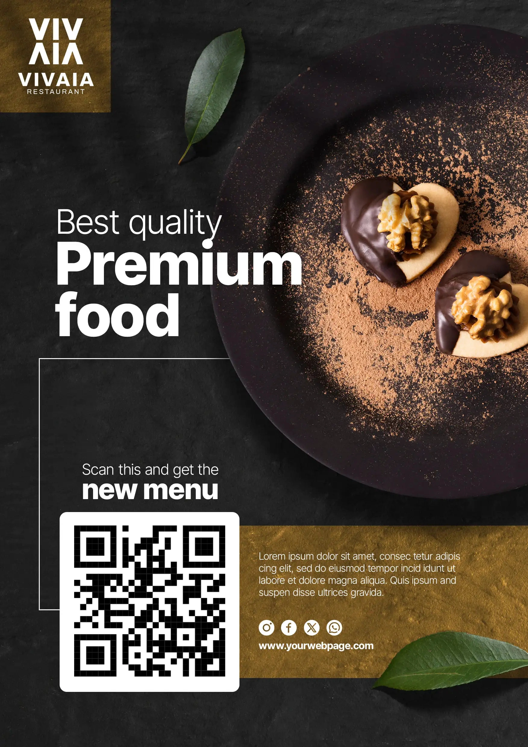 Premium food branding with QR code menu integration for gourmet restaurants and high-quality dining.