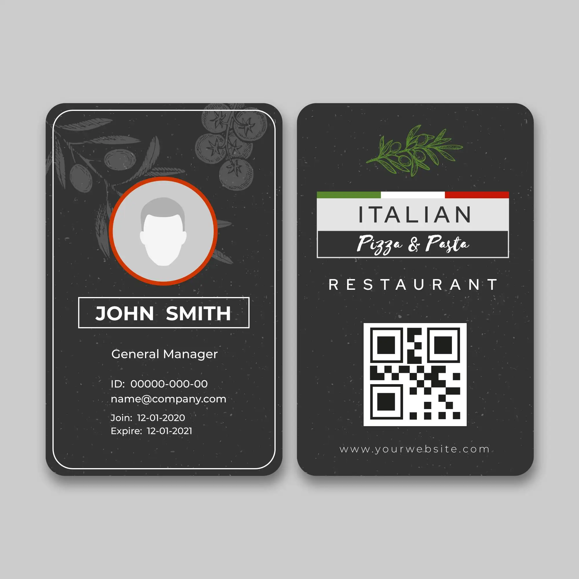 Professional restaurant business card with QR code for contact information and online reservations.