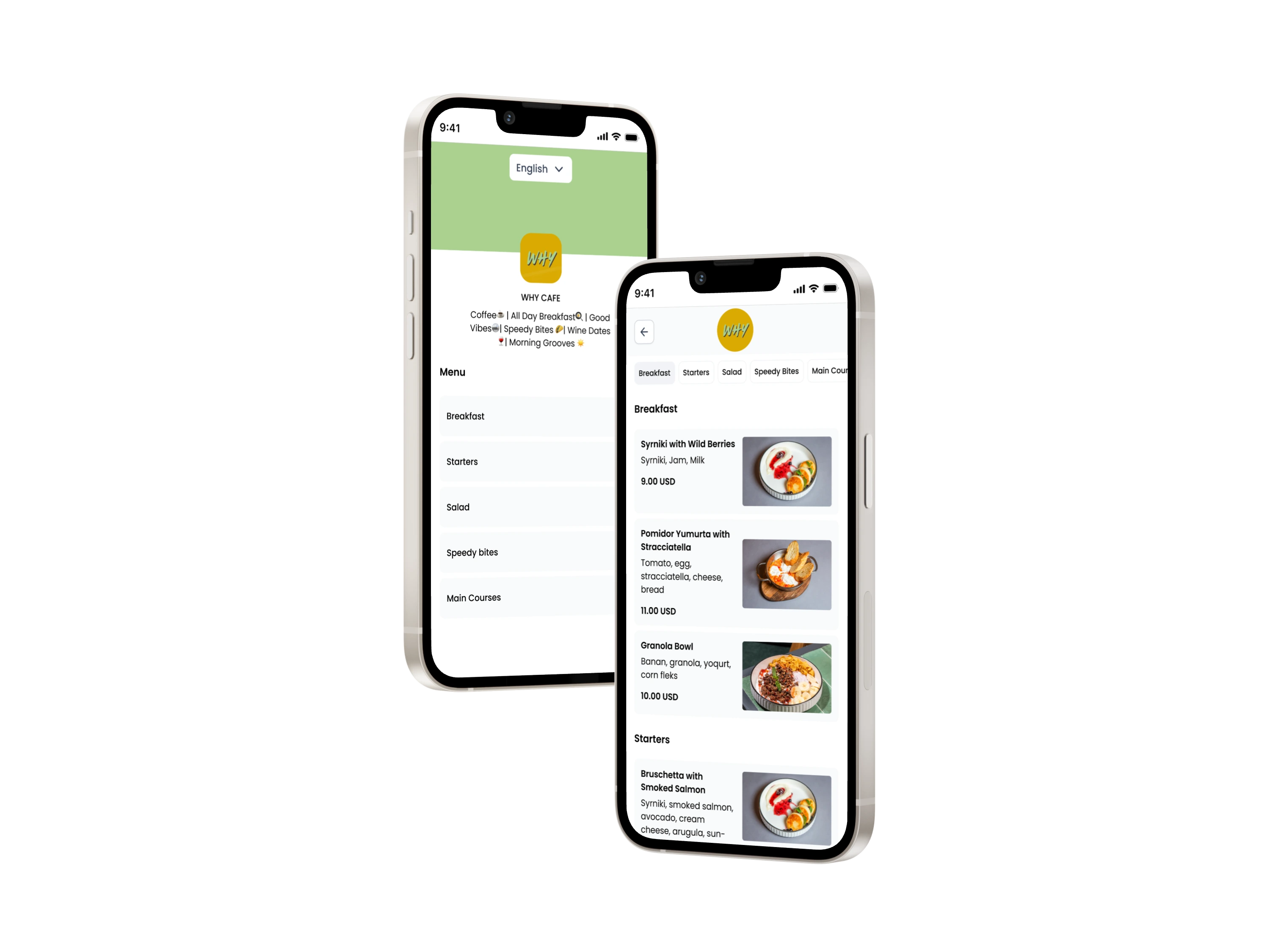 Mobile digital restaurant menu interface with menu sections and food items displayed on a smartphone screen.
