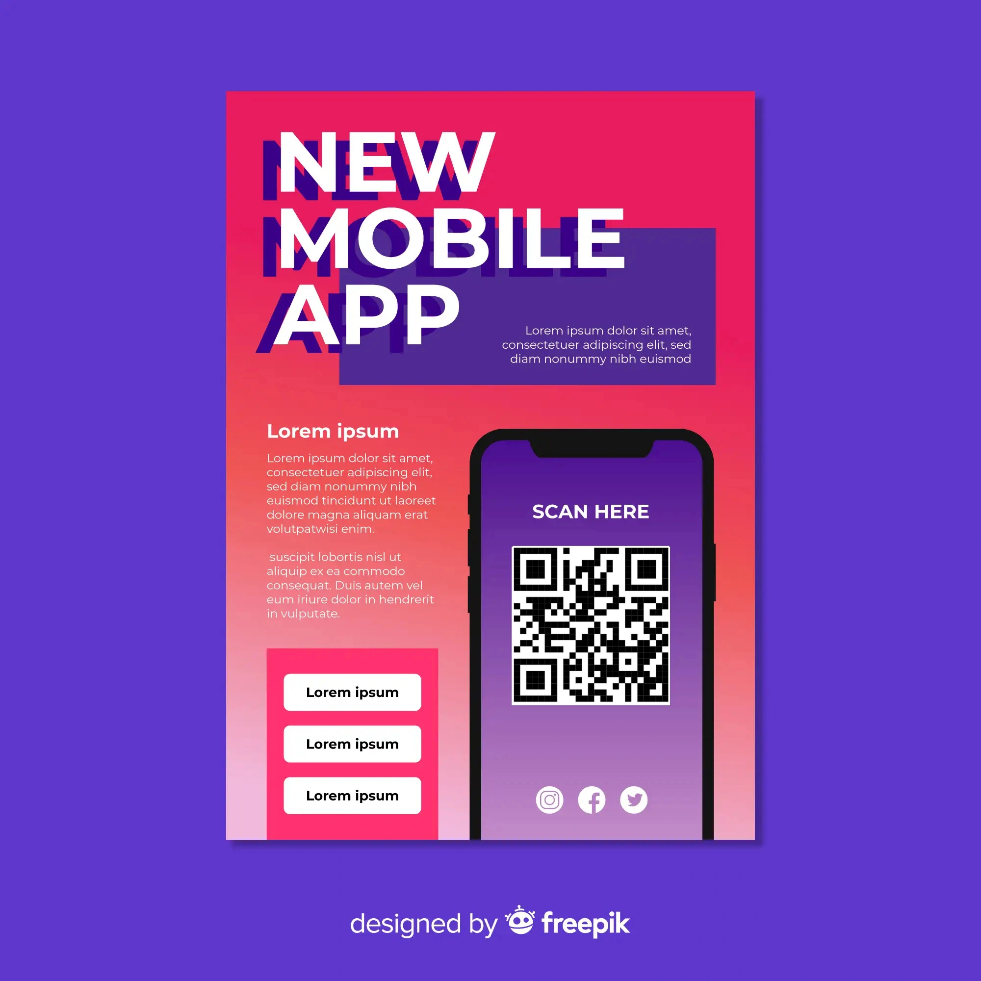 Mobile app promotion flyer featuring QR code for instant app download and social media user acquisition campaign