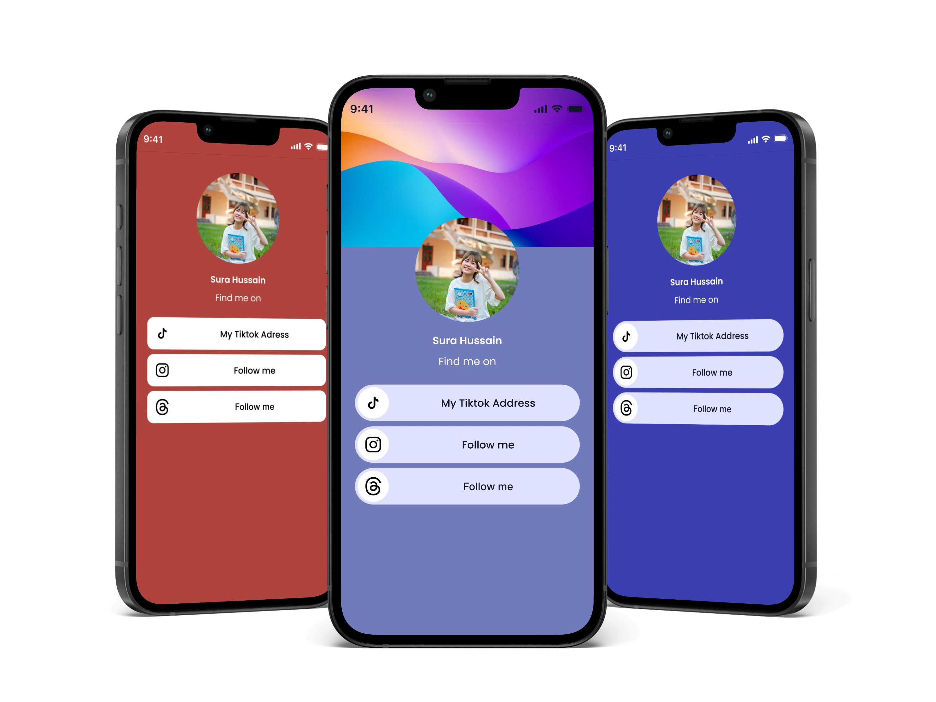 Digital social media profile cards on smartphones with TikTok and Instagram links for boosting online presence via QR codes.