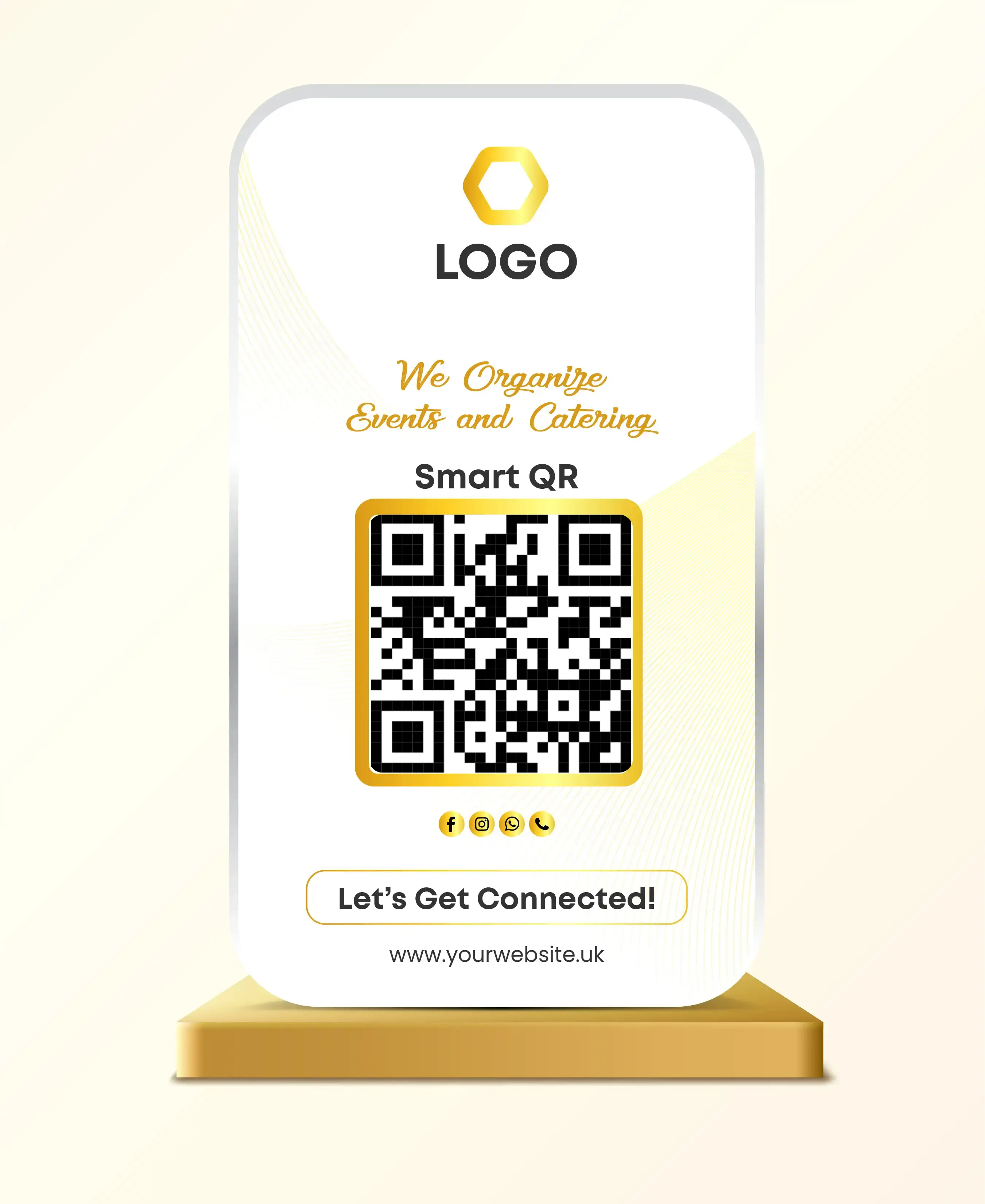 Event and catering service table tent display with smart QR code on gold stand featuring lets get connected call to action with social media icons for event coordination and networking