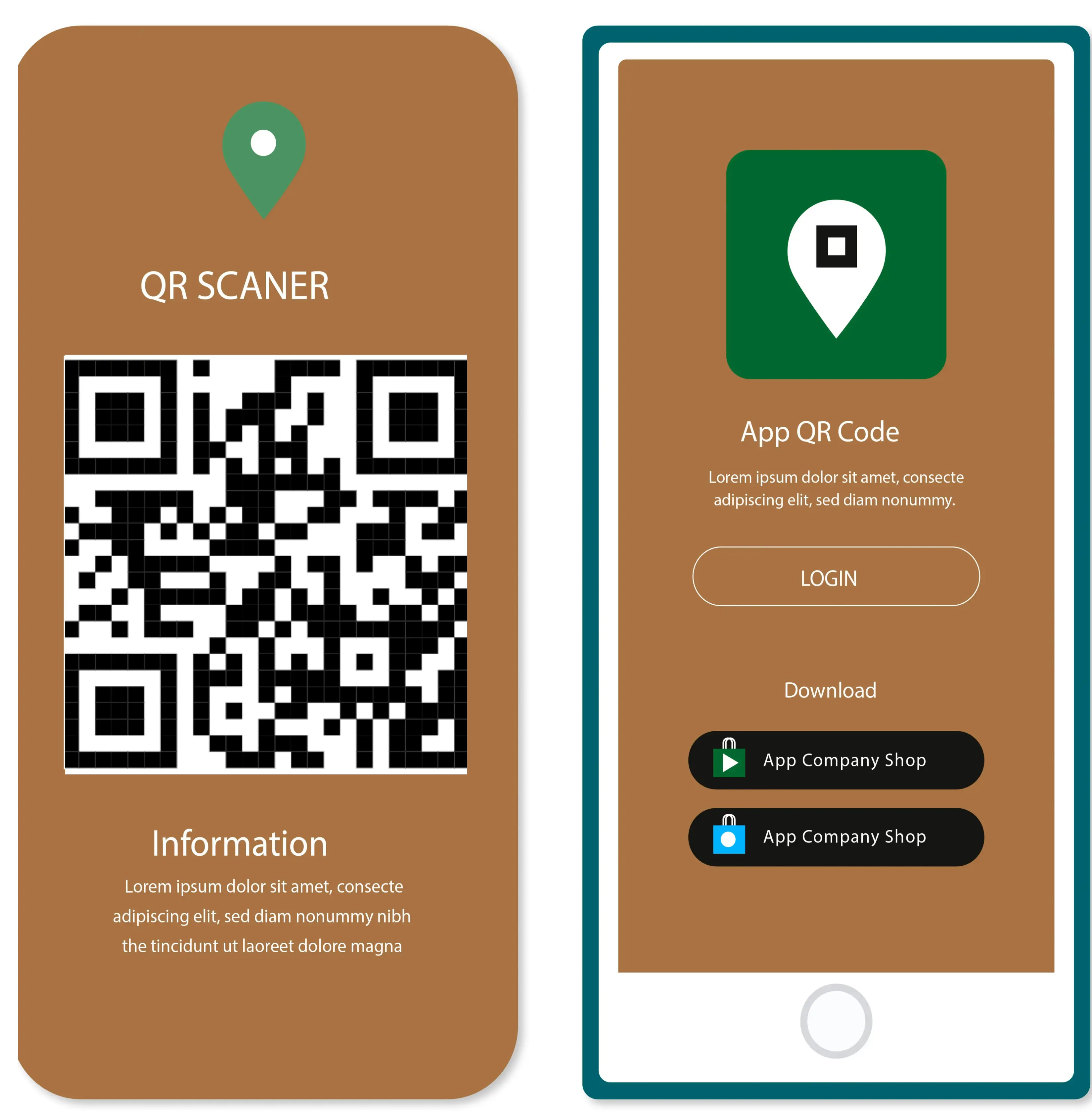 QR scanner mobile app interface design in brown and teal showing location pin icon, QR code with information section and app company shop download buttons for login and navigation features