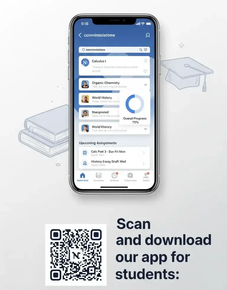 Student education mobile app promotional image showing iPhone with course progress tracker displaying calculus, chemistry and history classes with QR code and app store download buttons for academic management platform