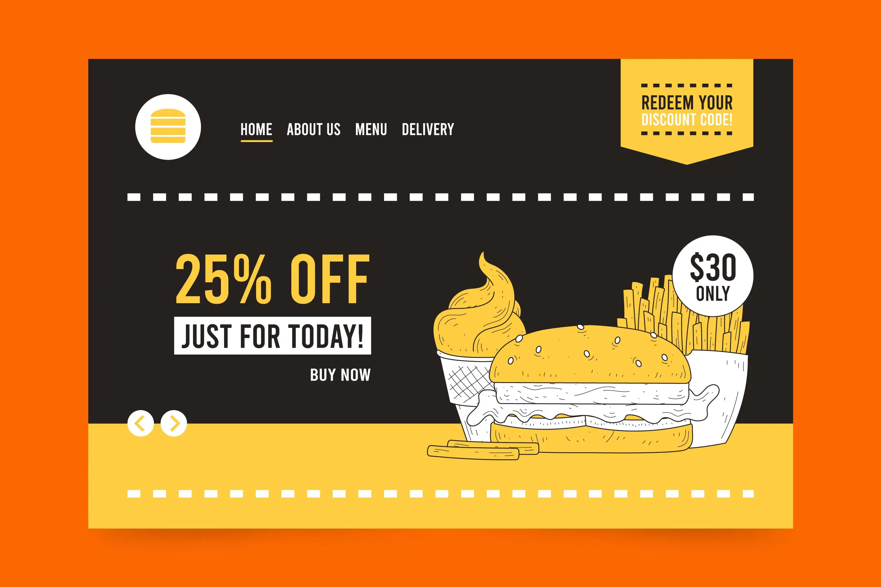 Fast food restaurant website banner with illustrated burger, fries and soft-serve ice cream advertising 25% off discount for $30, featuring navigation menu and redeem discount code call-to-action