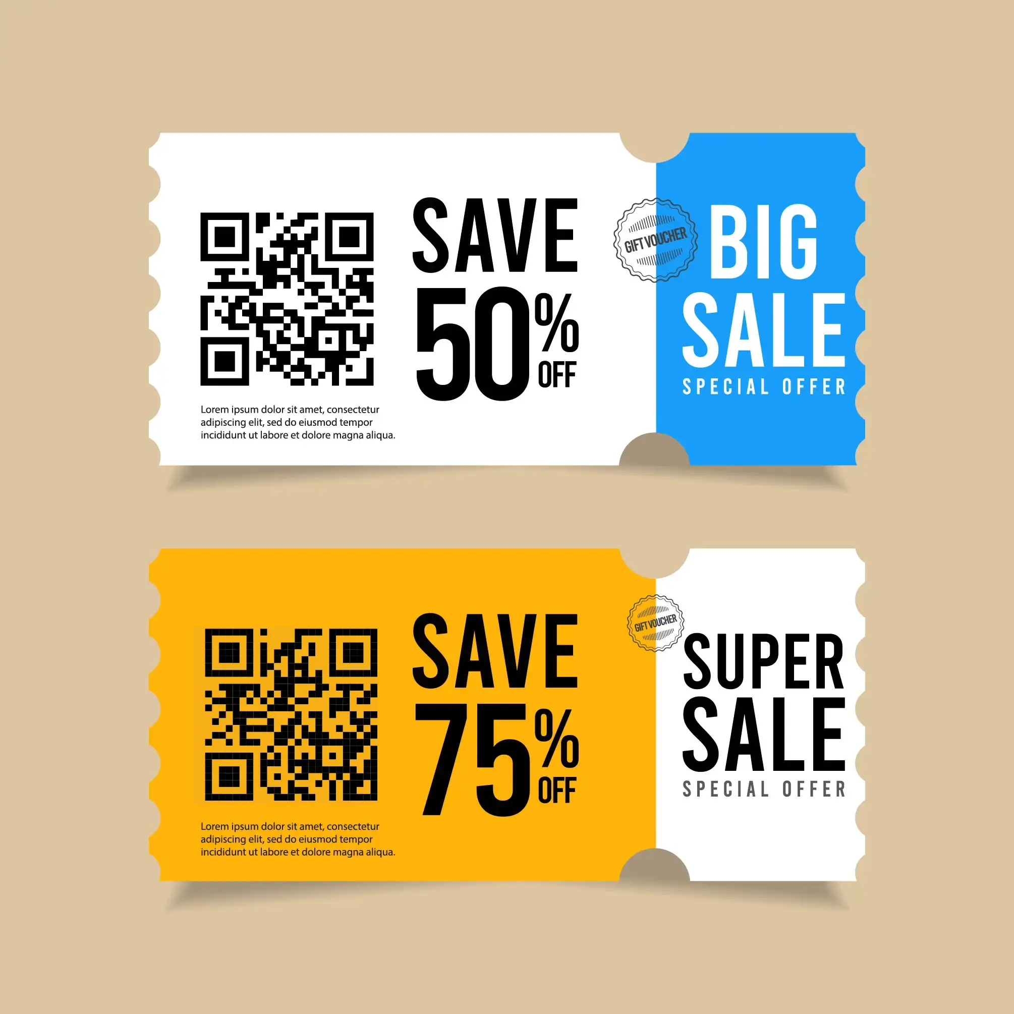 Two gift voucher coupon designs with QR codes showing 50% and 75% off special sale offers in blue and yellow colors for retail and promotional marketing campaigns