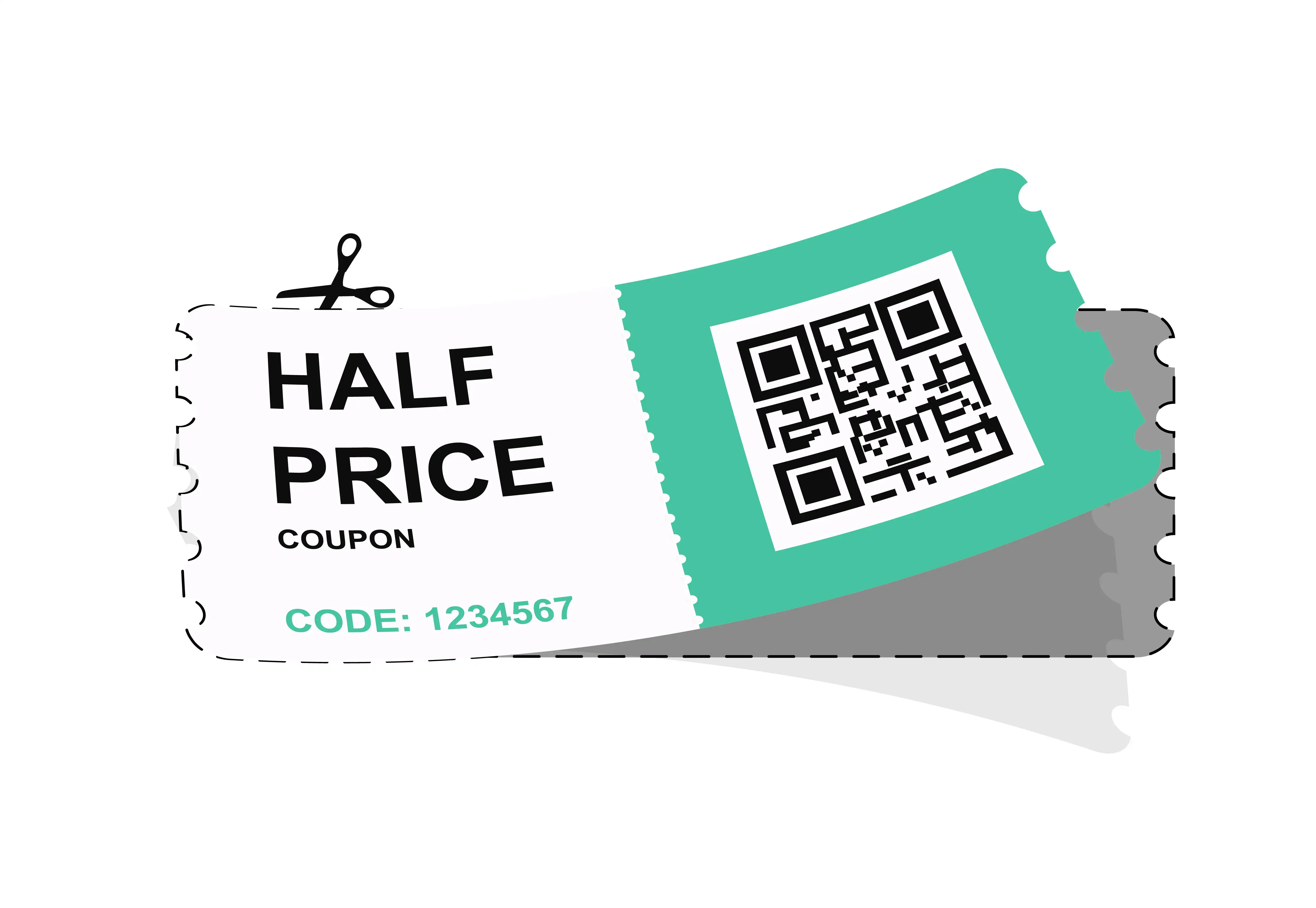 Digital half price coupon with QR code and promotional code 1234567 on teal and white ticket design for discount redemption and mobile shopping deals