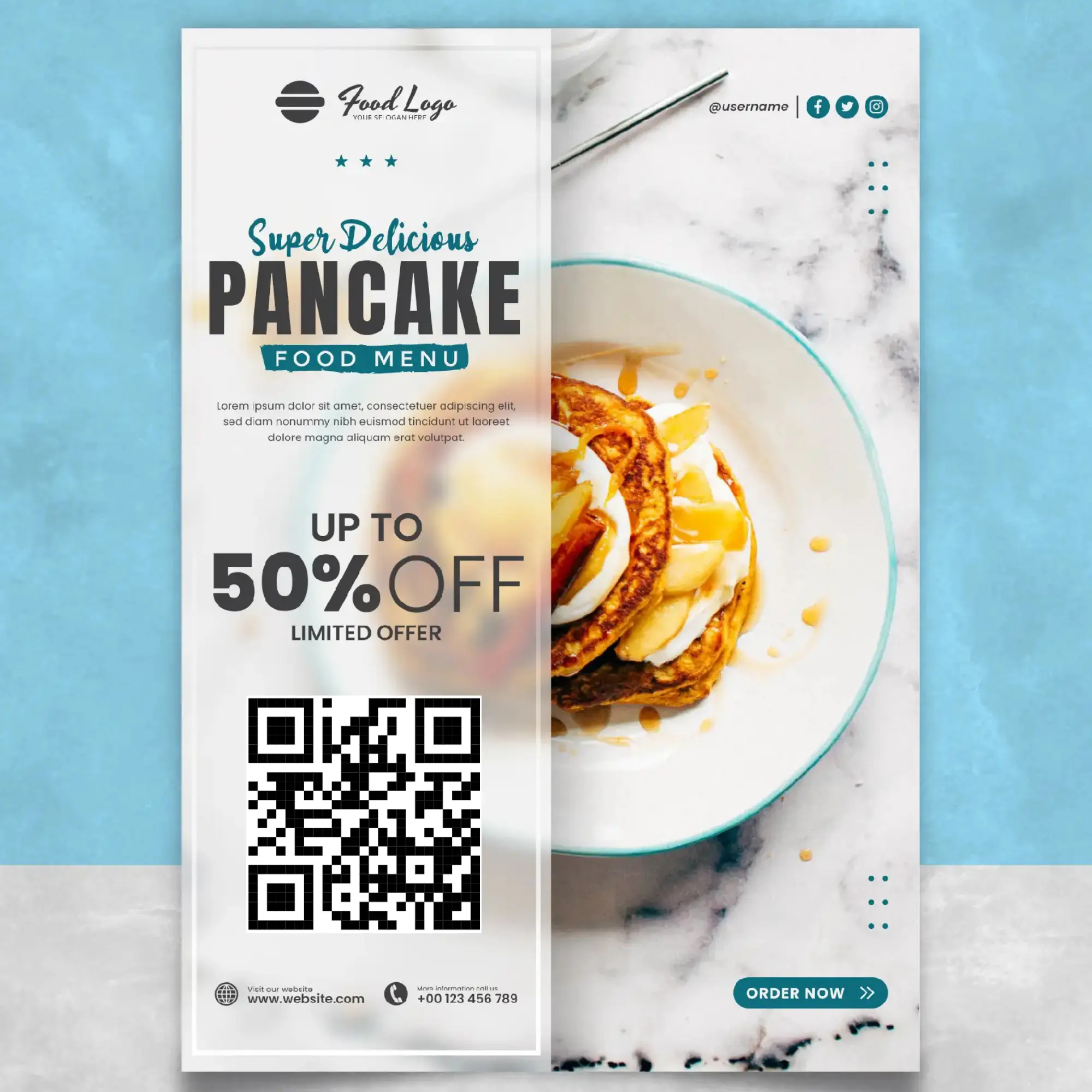 Restaurant food menu poster template featuring delicious pancakes with QR code for 50% off limited offer, including social media links and order now button for food service marketing