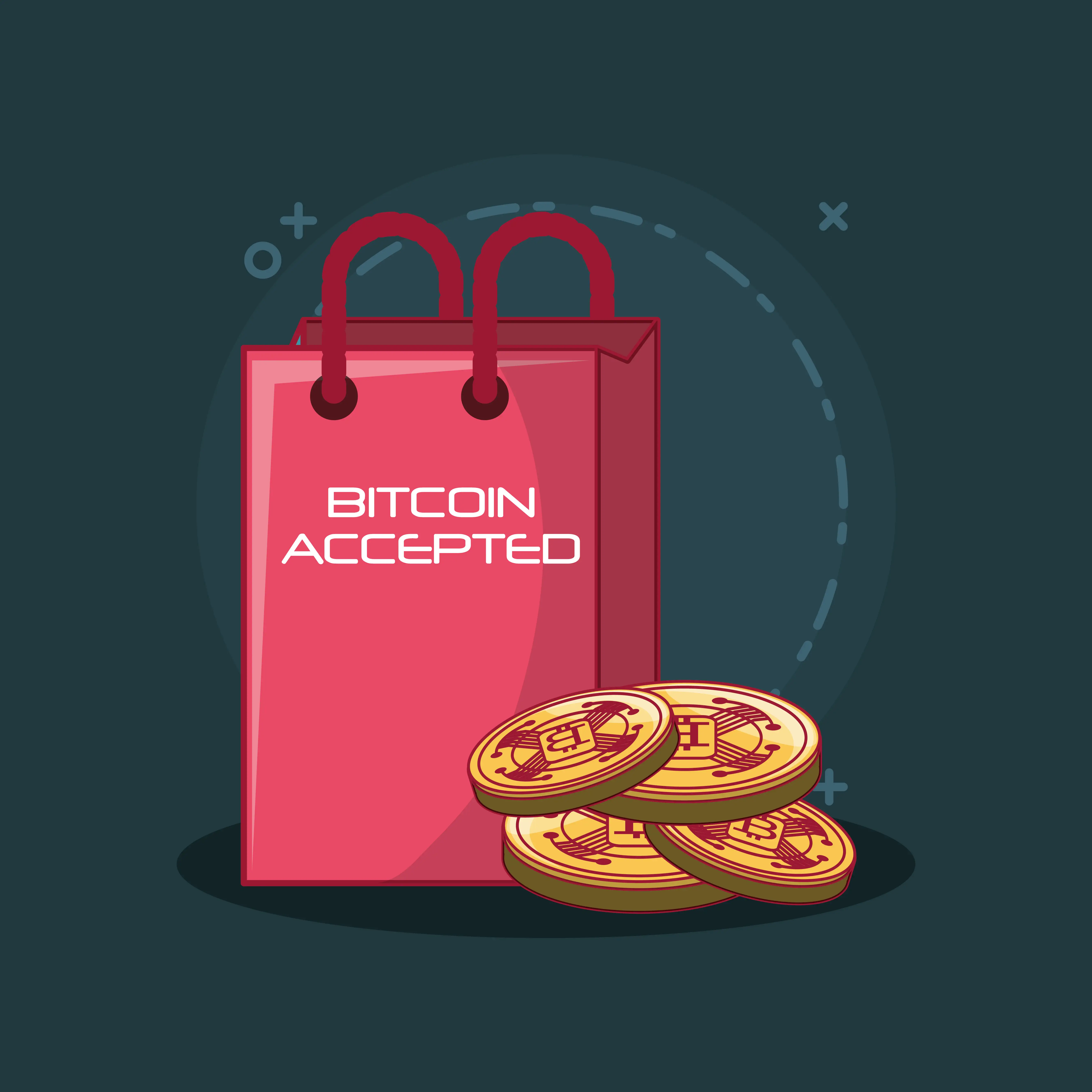 Illustration of red shopping bag with bitcoin accepted text and stack of gold cryptocurrency coins on dark background for digital currency payment and crypto commerce concept