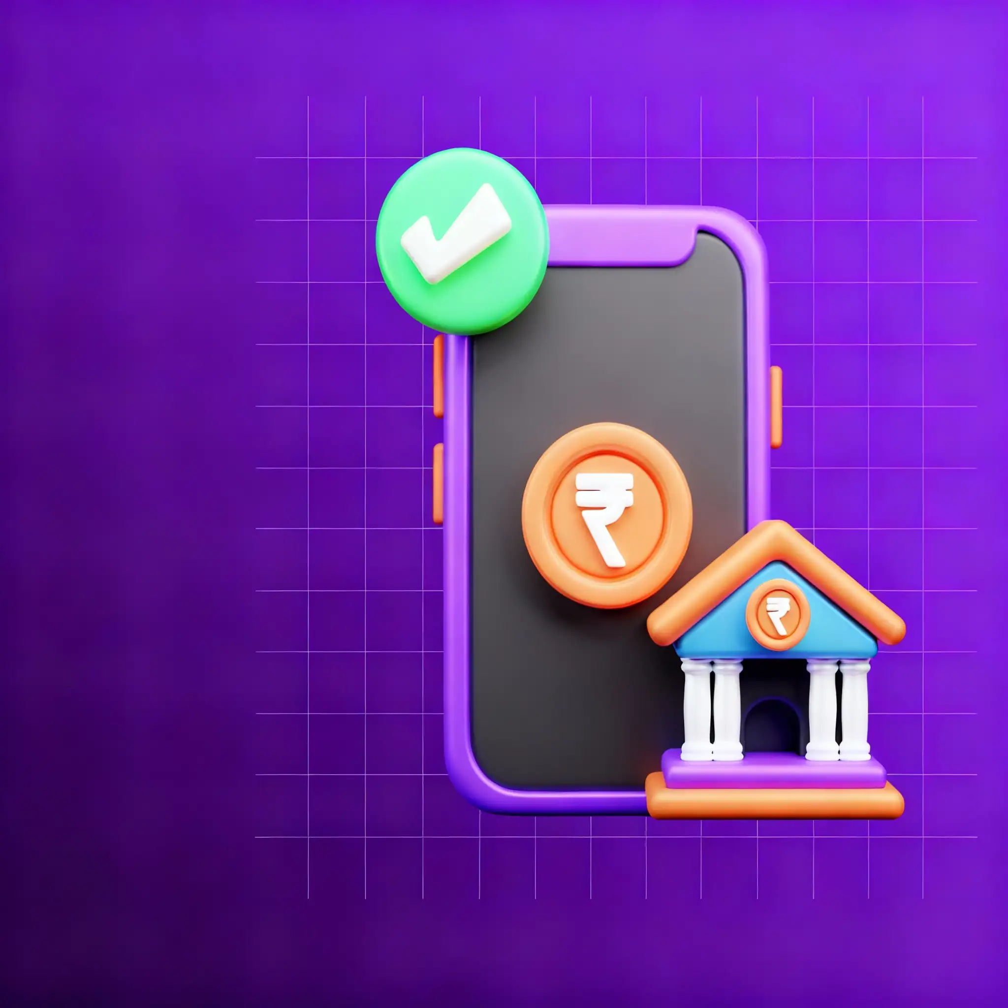 3D illustration of purple smartphone with Indian rupee coin, bank building icon and green checkmark on purple grid background for mobile banking and digital finance application
