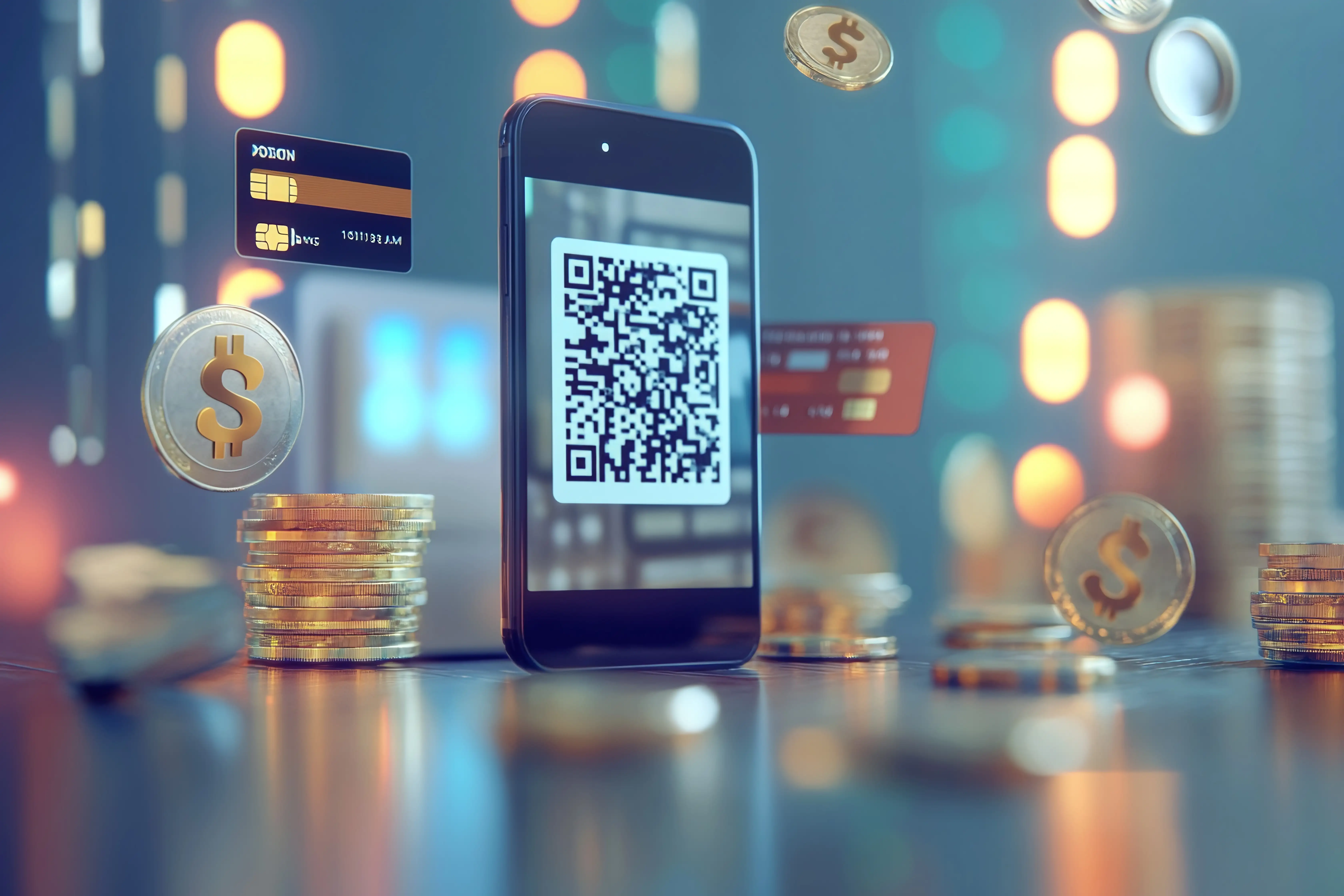 Smartphone displaying QR code surrounded by flying credit cards, stacked coins with dollar symbols and bokeh city lights for digital wallet and cryptocurrency payment technology