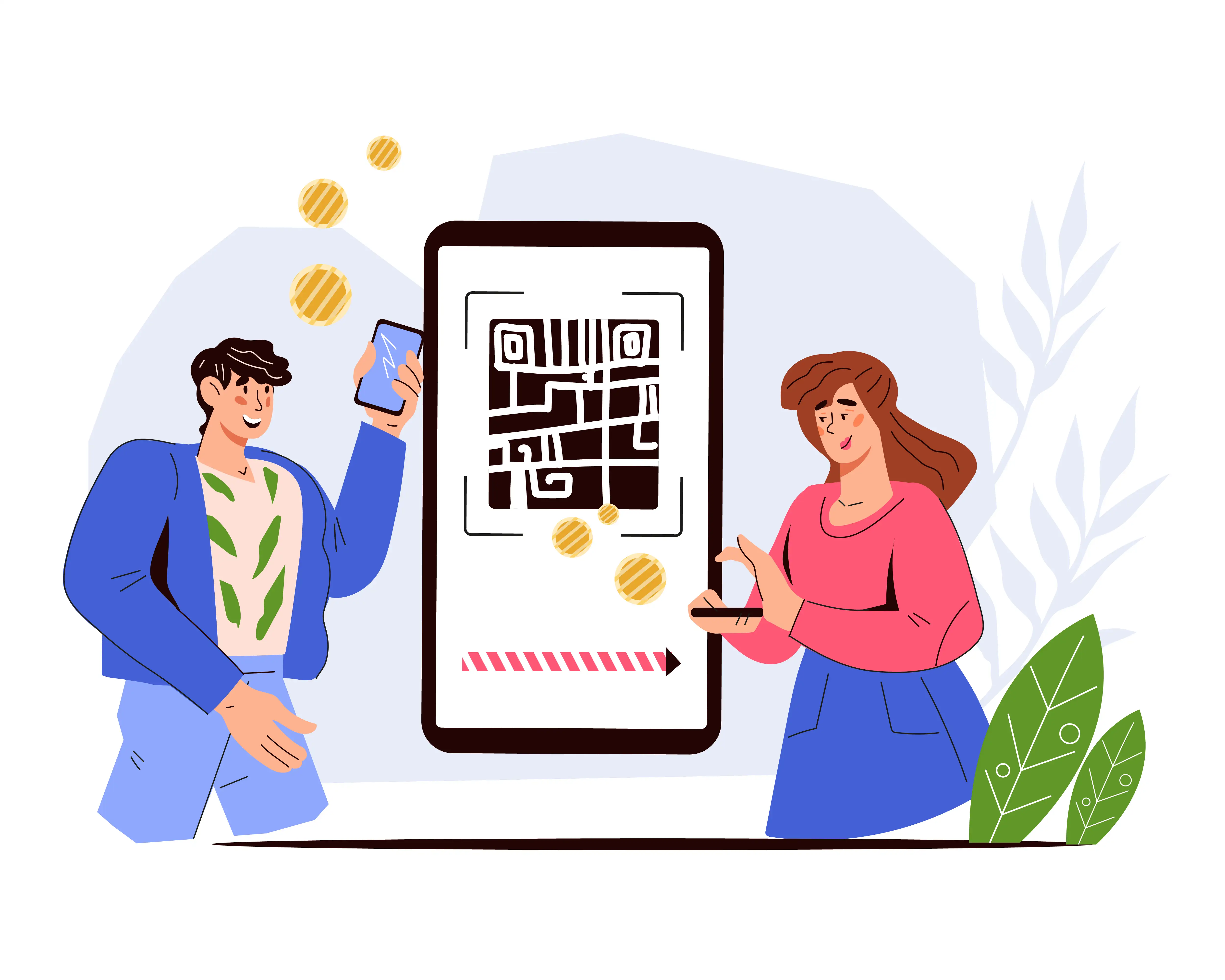 Illustration of man and woman using smartphones to scan large QR code displayed on mobile device screen with decorative coins and leaves for digital payment and mobile scanning concept