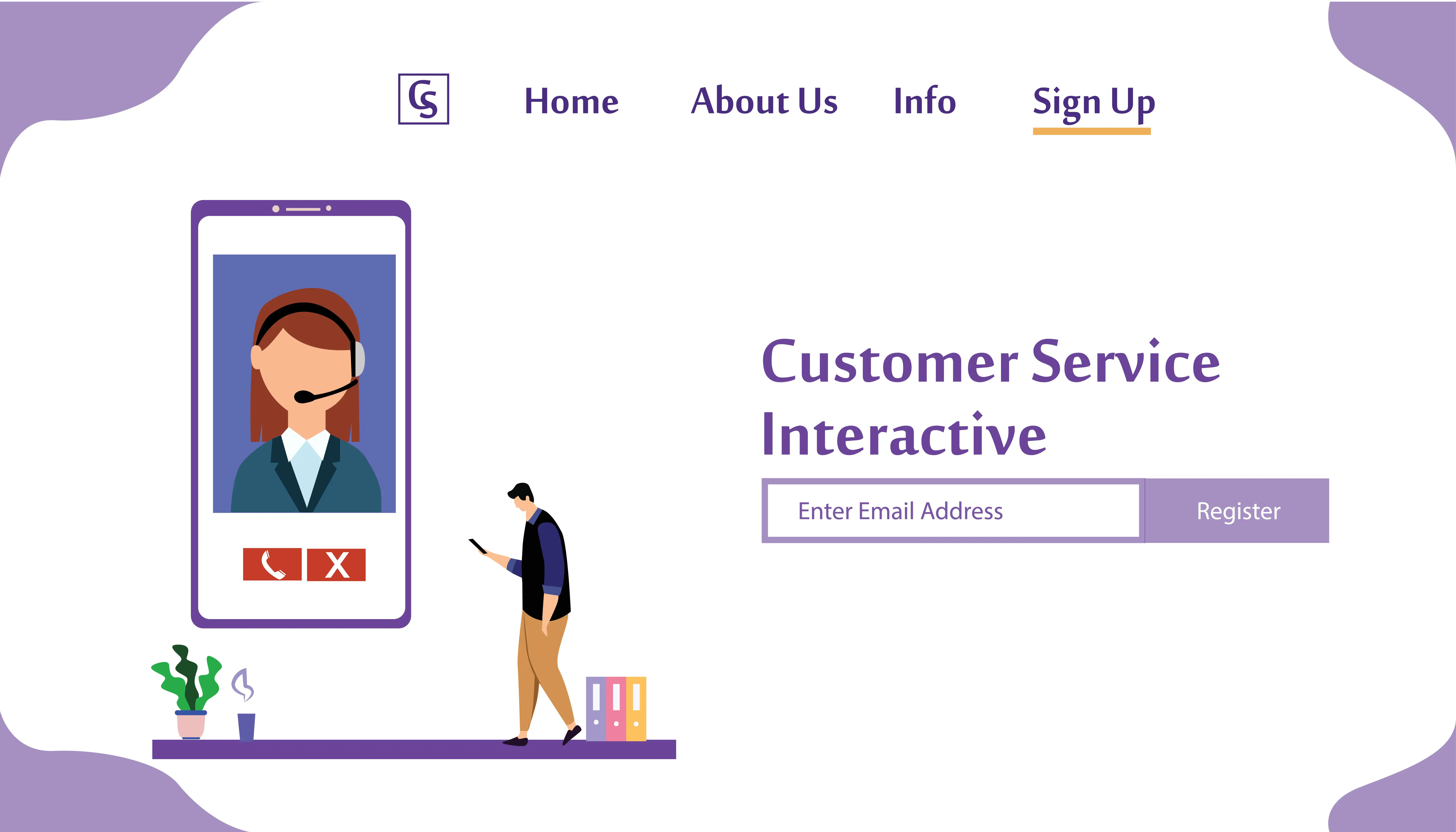 Customer service interactive website landing page design showing video call support representative with email registration form and navigation menu for online customer assistance platform