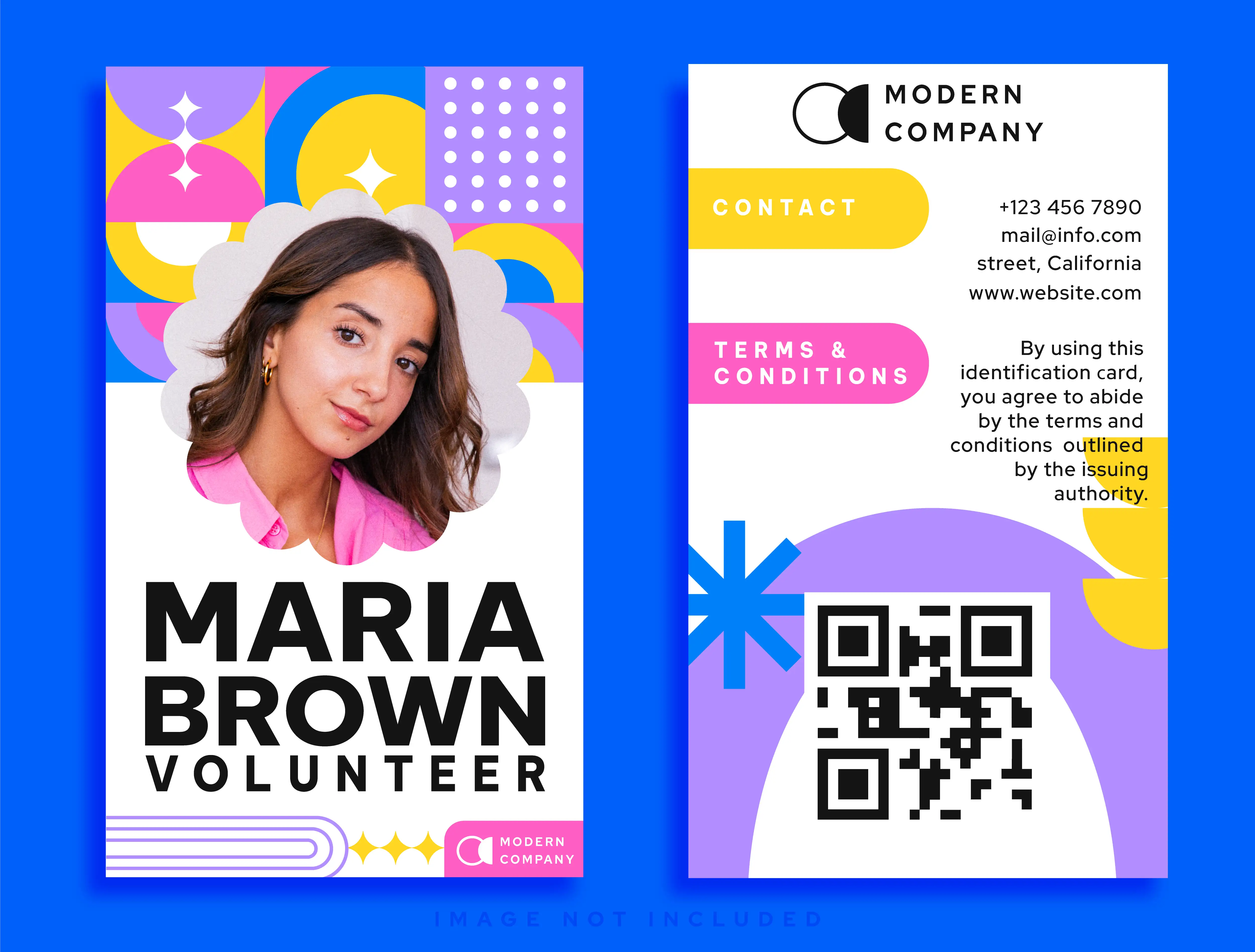 Modern Company volunteer identification badge for Maria Brown with QR code, colorful geometric pattern design showing contact information, terms and conditions for event credential and access control