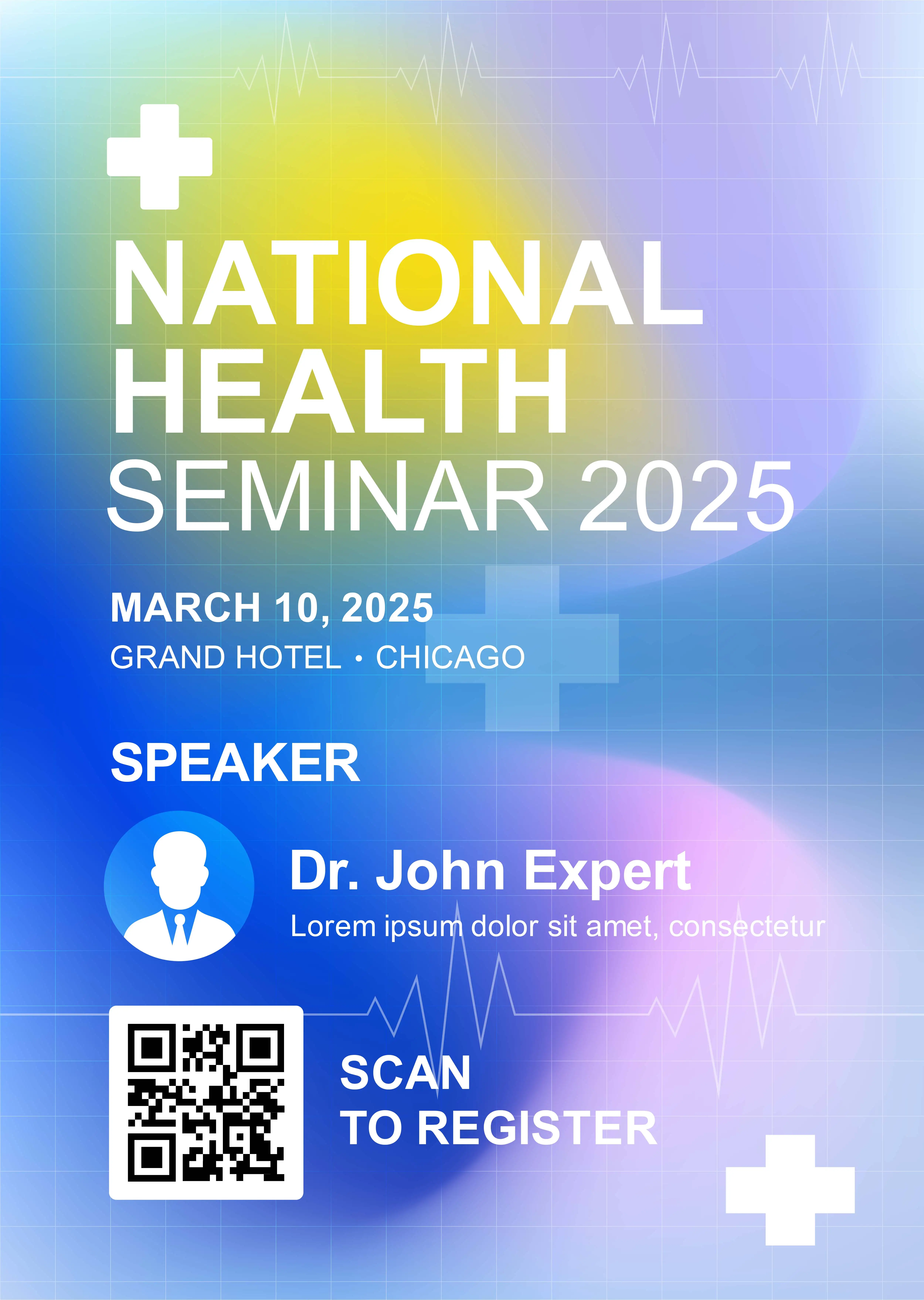 National Health Seminar 2025 event poster with QR code registration for March 10 at Grand Hotel Chicago featuring speaker Dr John Expert with medical cross symbols and heartbeat pattern on gradient blue background