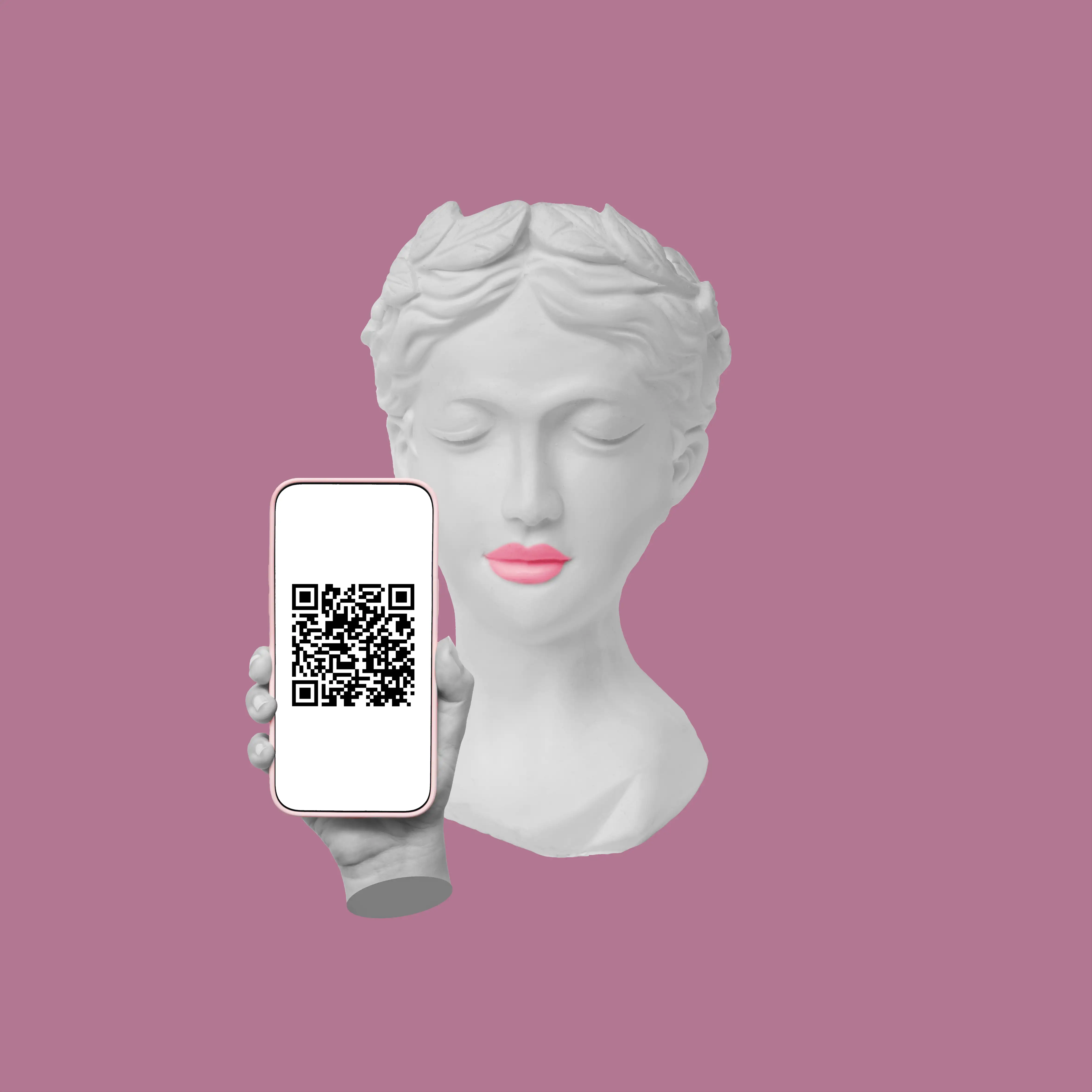 Creative white classical Greek statue bust with pink lips holding smartphone displaying QR code on pink background, showcasing modern QR code art and digital marketing aesthetic