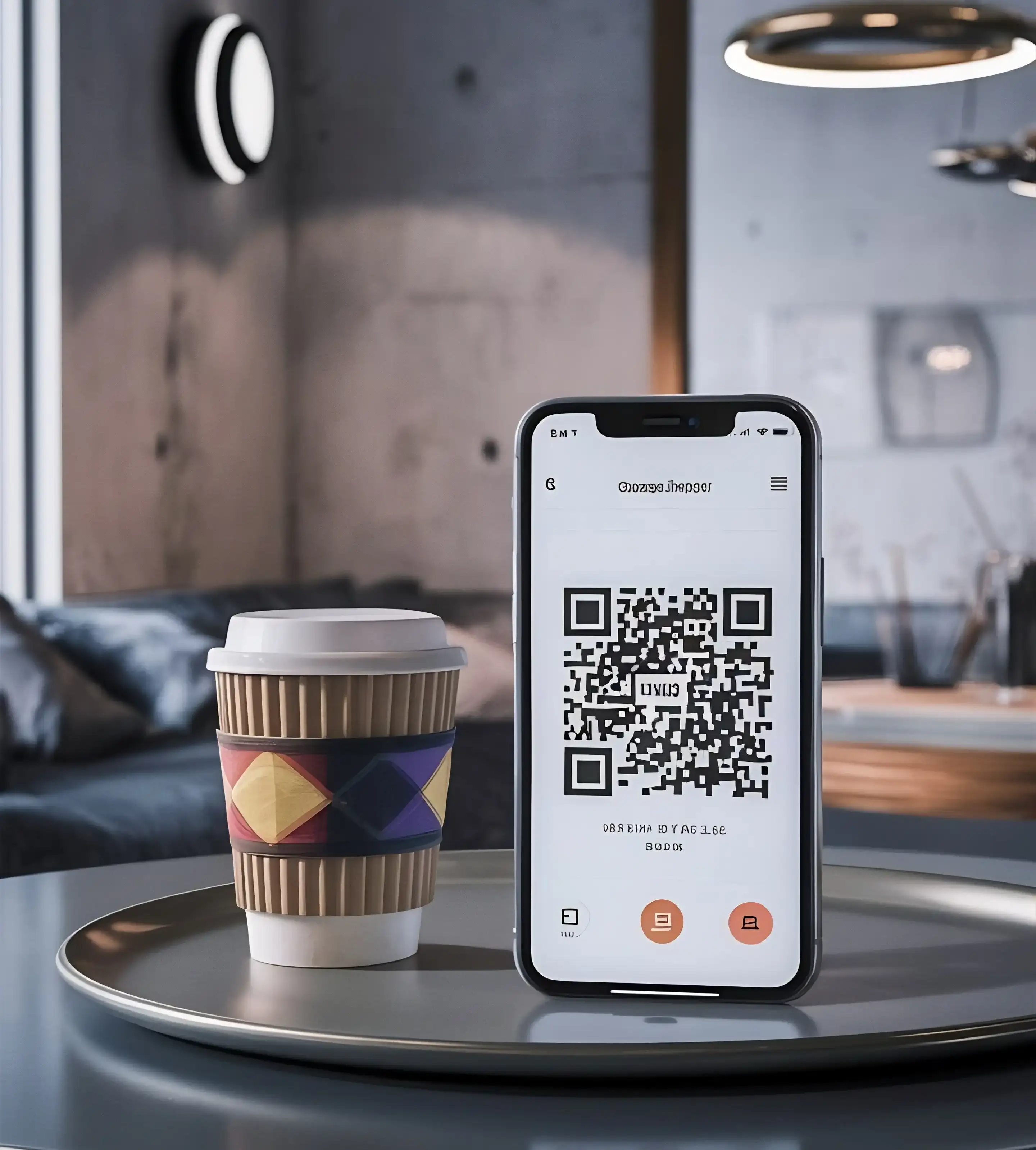 Smartphone displaying QR code scanner app next to takeaway coffee cup on modern industrial cafe table with contemporary lighting and minimalist interior design
