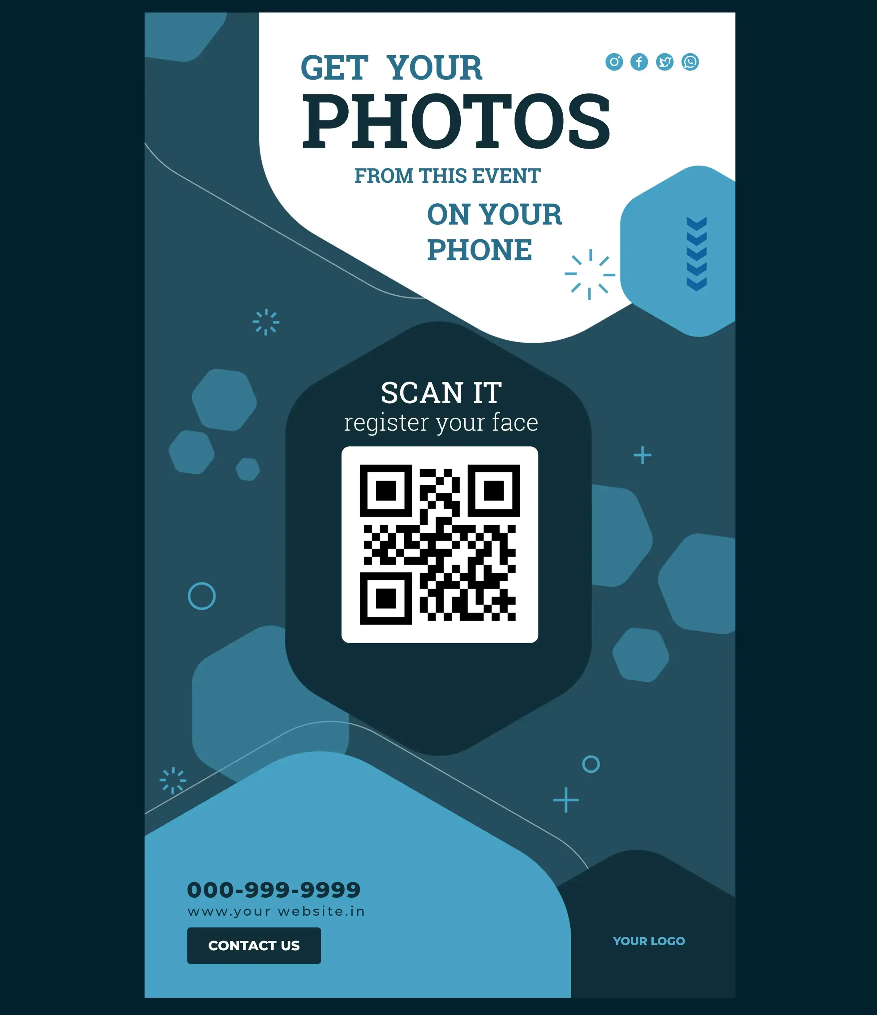 Modern dark teal event poster with QR code for face registration and mobile photo sharing, featuring call-to-action to get event photos on phone with social media icons