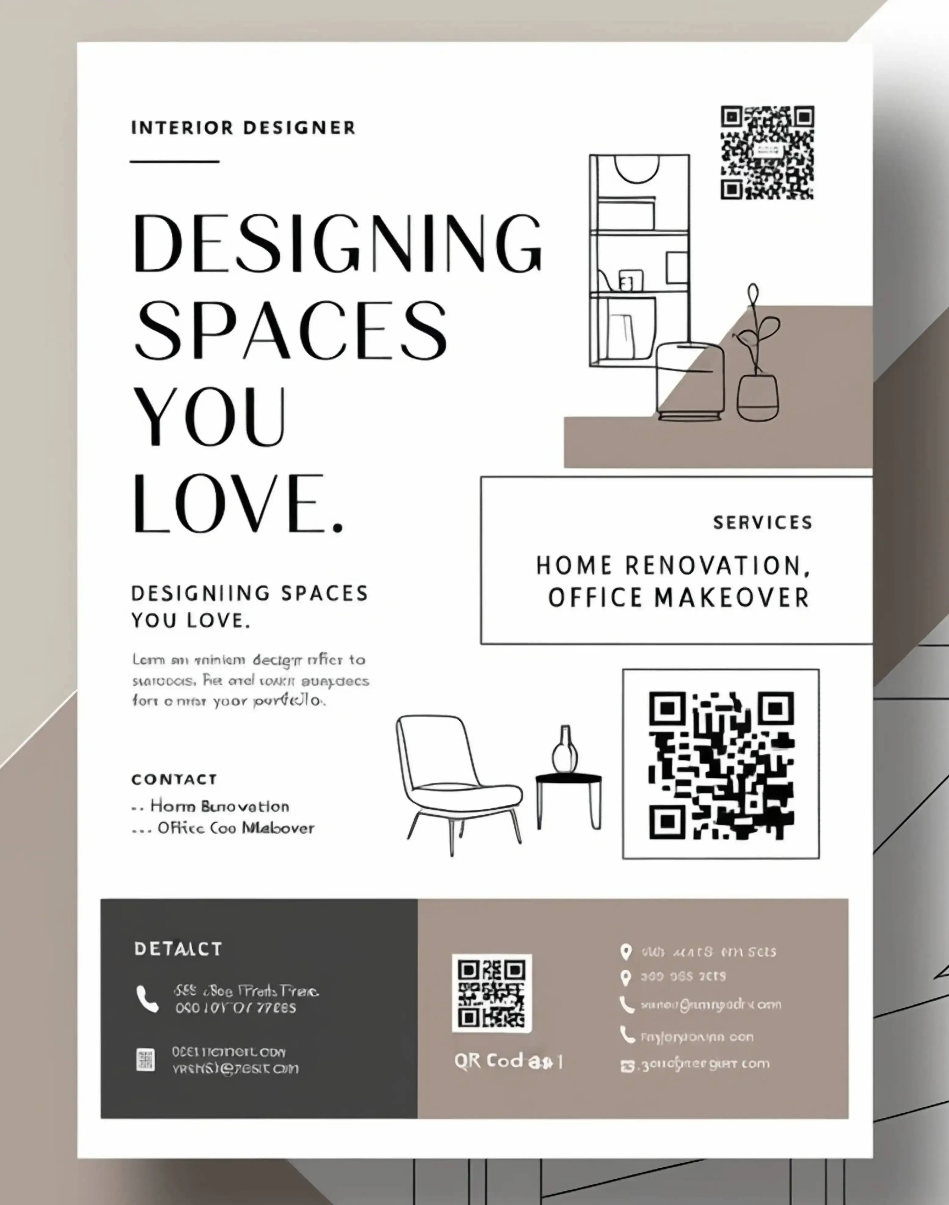 Professional interior designer business flyer template featuring multiple QR codes for home renovation and office makeover services with minimalist line art illustrations and contact details