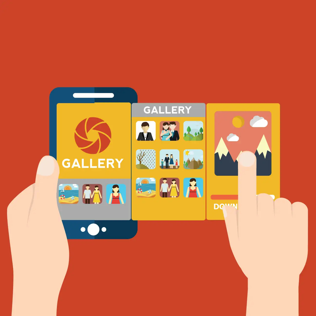 Illustration of hands using smartphone photo gallery app with colorful vacation and family picture thumbnails and download functionality for mobile image management
