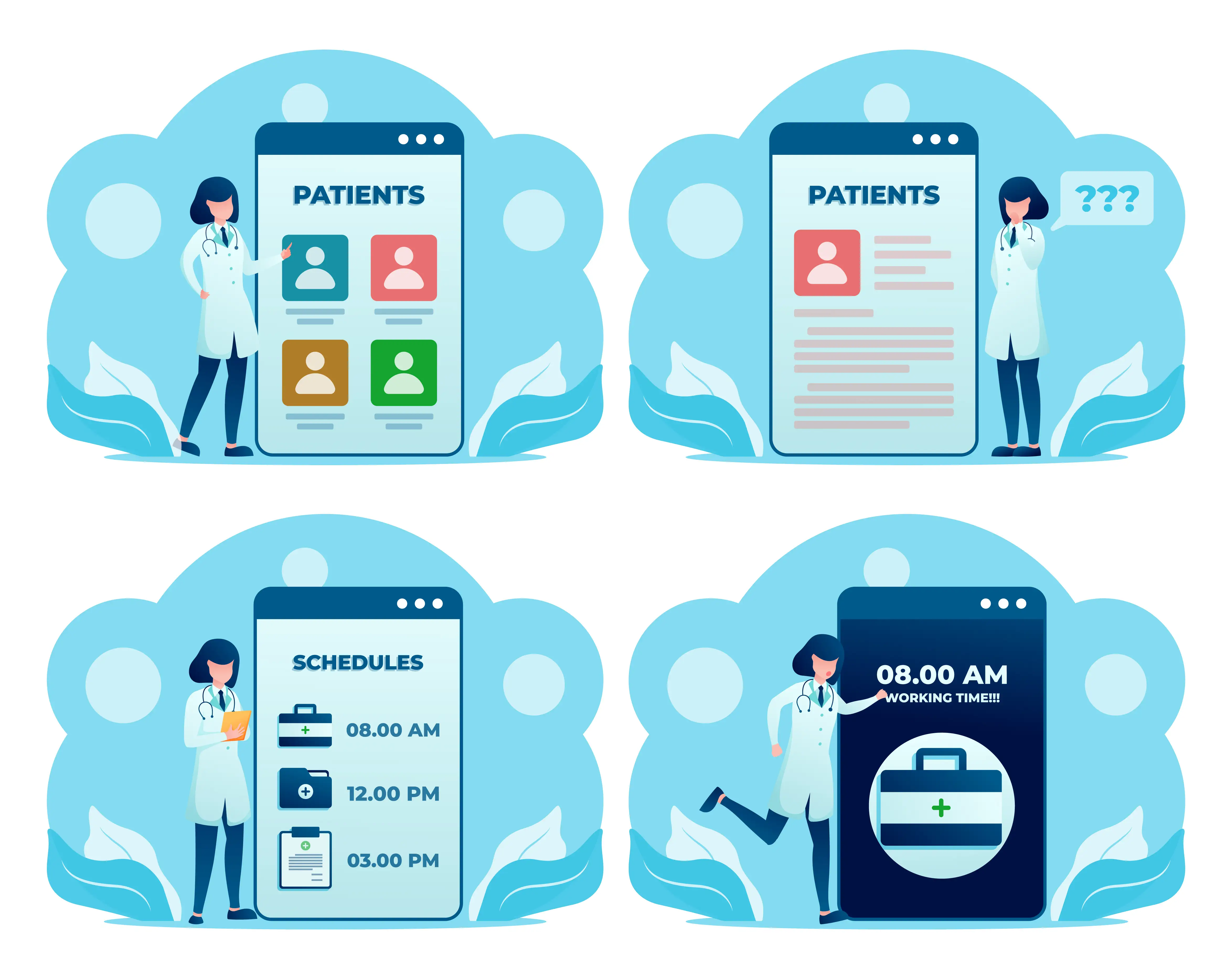 Healthcare patient management mobile app illustration set showing doctor with smartphone displaying patient profiles, schedules and working hours for medical appointment booking and hospital management system