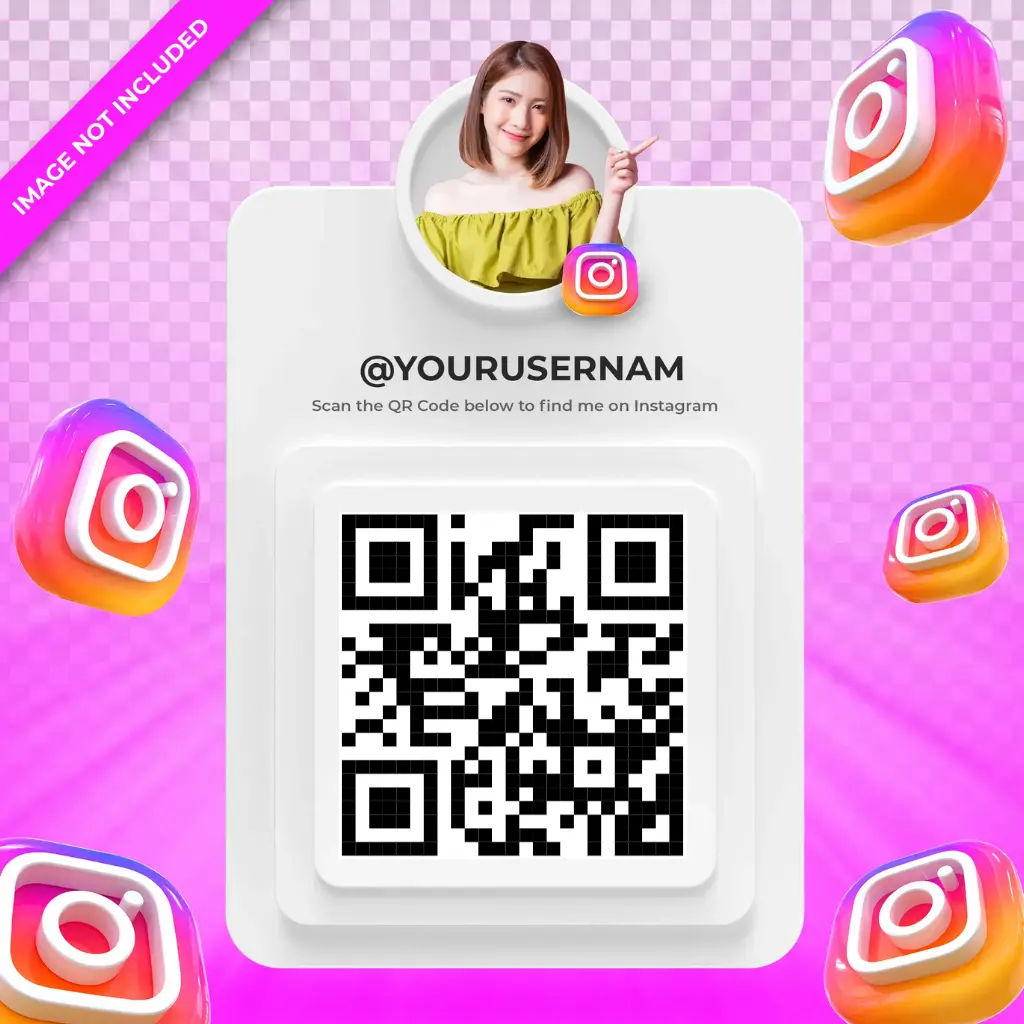 Instagram QR code profile template with 3D gradient Instagram icons, username placeholder and scan instructions for social media connection and follower growth on pink transparent background