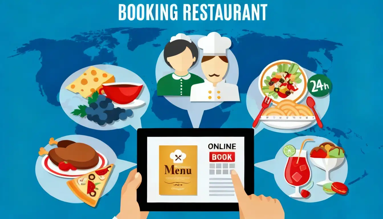 Restaurant booking illustration showing tablet with menu and online book calendar surrounded by food dishes including steak, pizza, salad and cocktails with chef and waiter on world map background