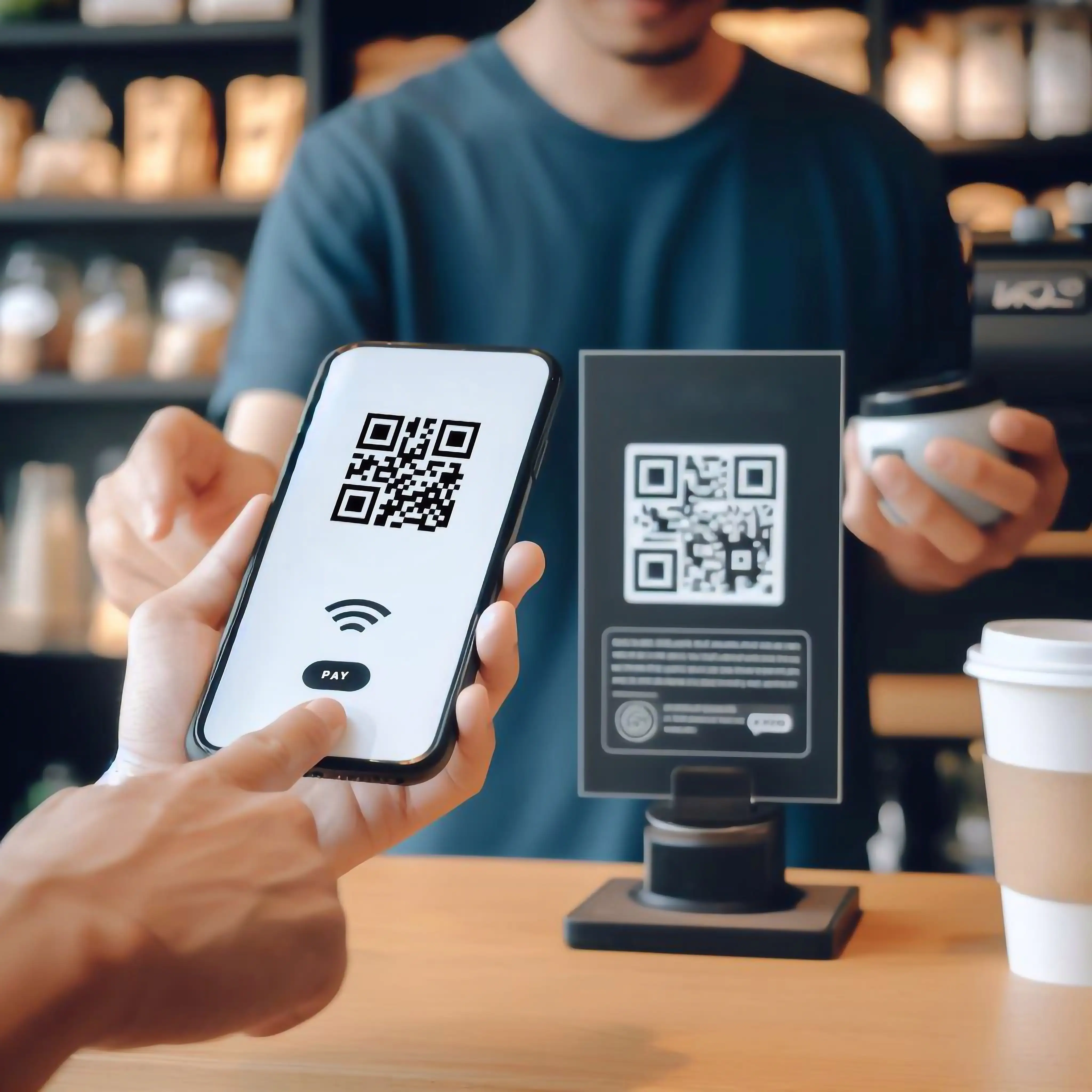 Alt Description: Customer making contactless payment by scanning QR code at modern cafe counter with barista, demonstrating wireless mobile payment technology for coffee shops and retail businesses