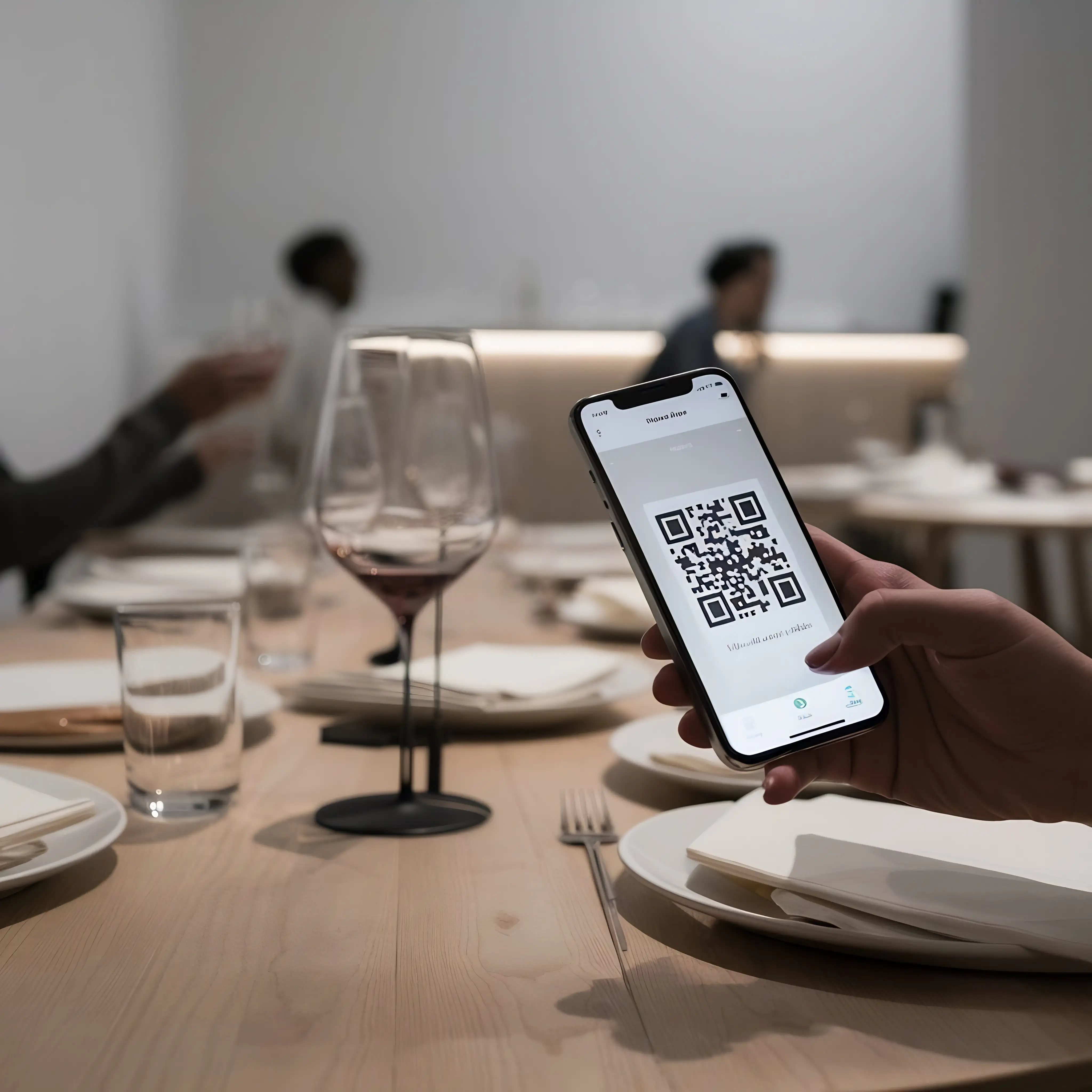 Alt Description: Diner scanning QR code menu on smartphone at elegant restaurant table with wine glasses and place settings, demonstrating upscale dining contactless menu technology