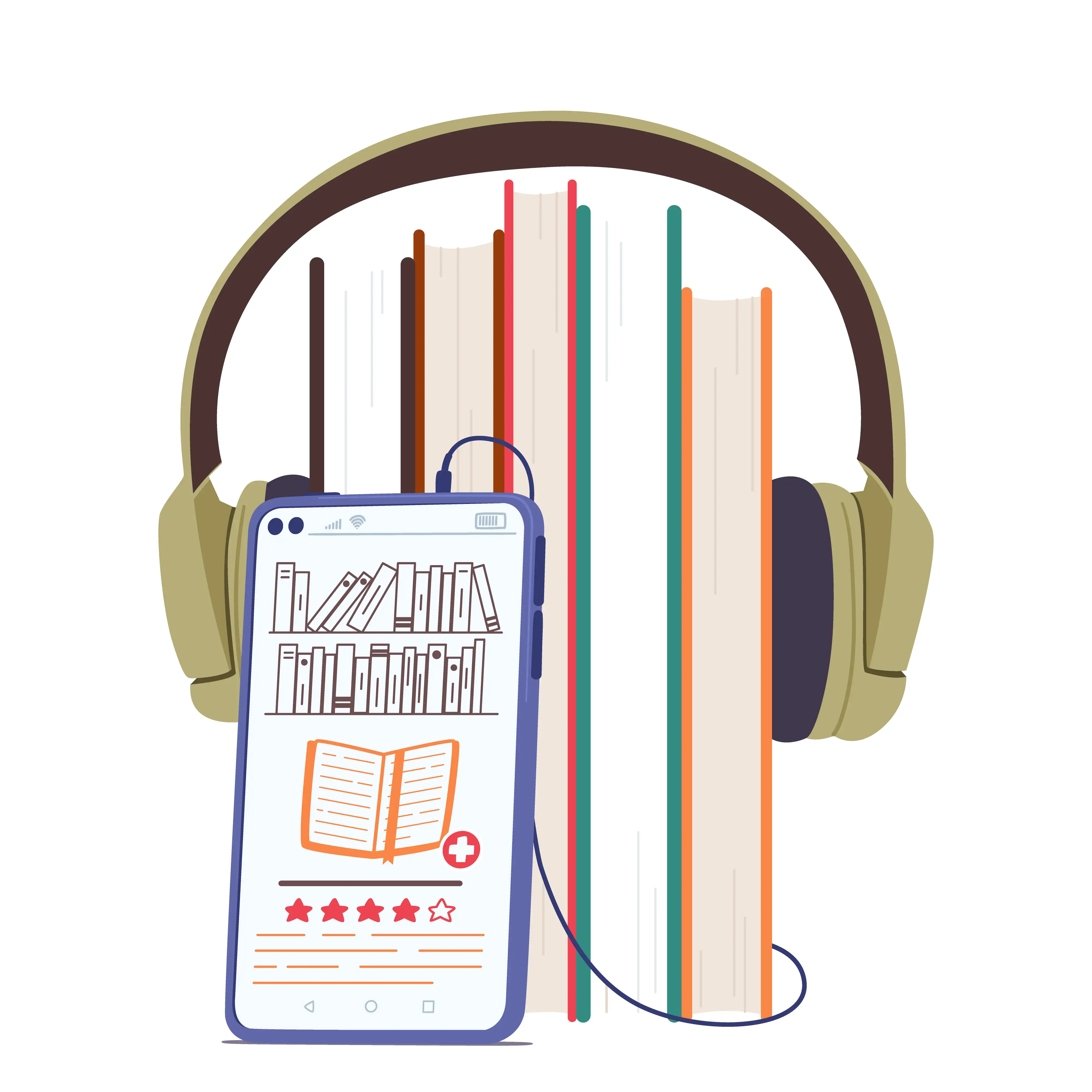 Illustration of smartphone displaying digital audiobook library app with headphones and colorful book spines, showing book reviews and mobile reading interface for audio content streaming