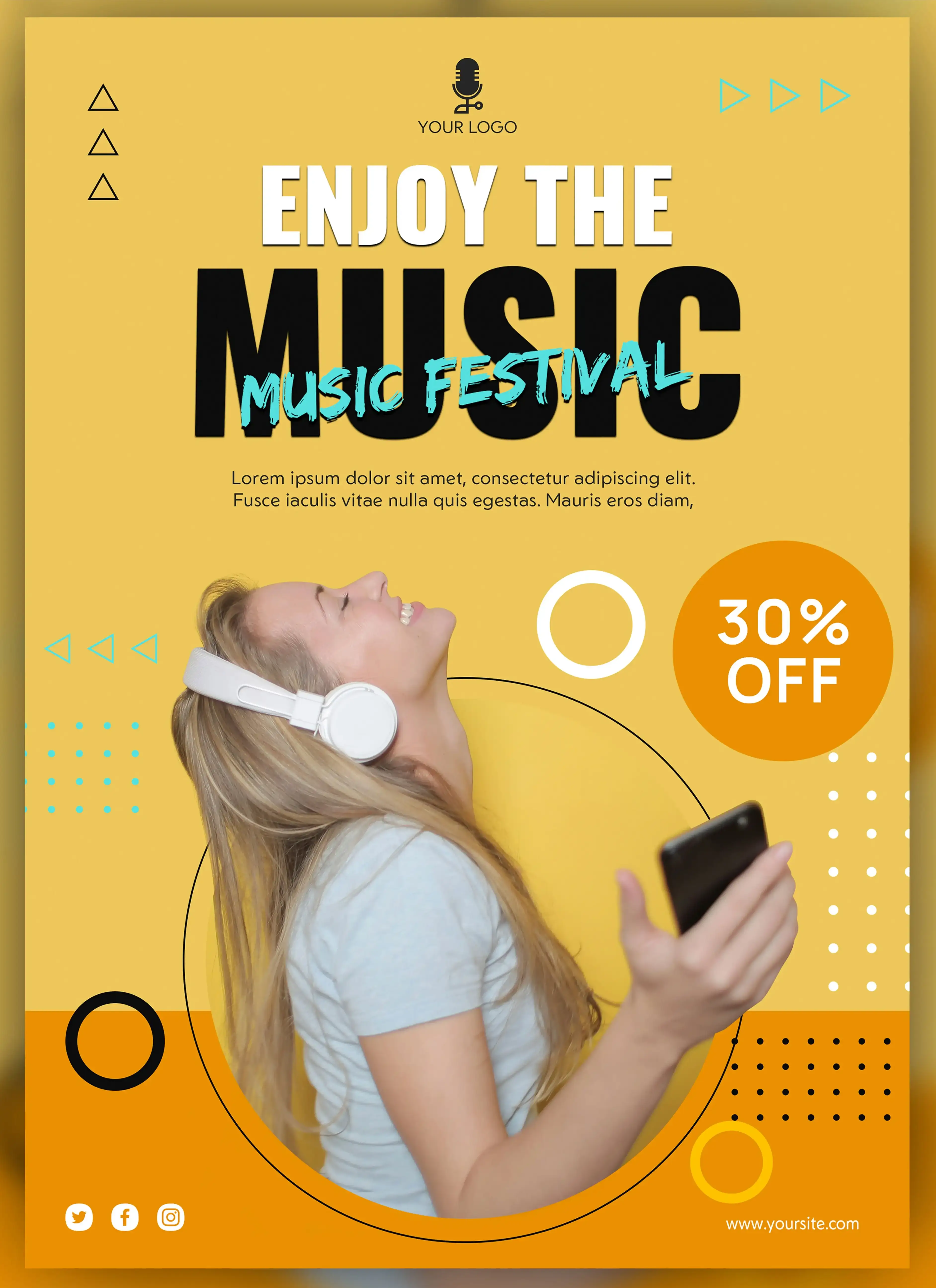 Vibrant yellow music festival promotional poster featuring woman with headphones and smartphone advertising 30% off discount with microphone icon and social media links