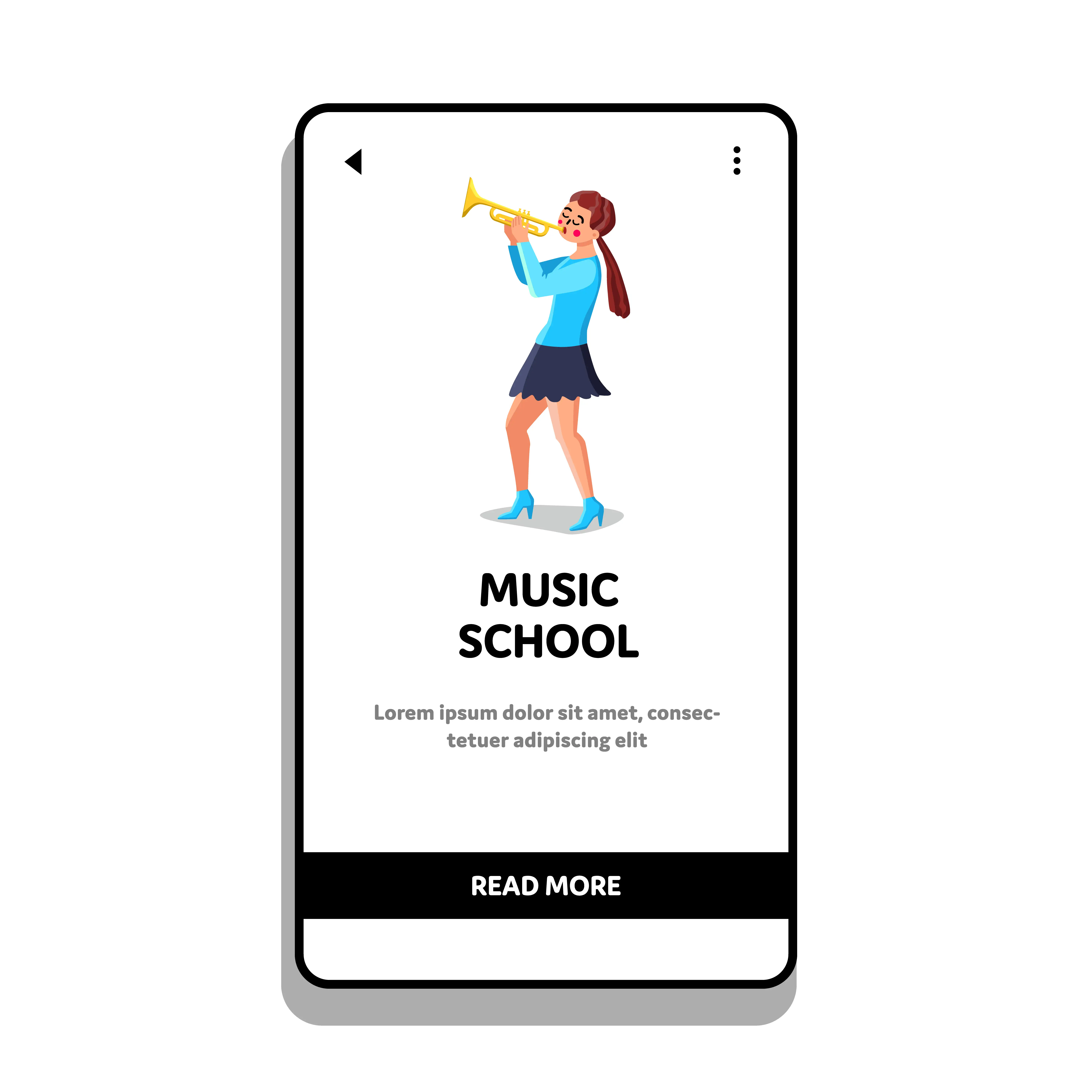Mobile app onboarding screen for music school featuring illustrated woman playing trumpet with read more button for music education and instrument lessons enrollment