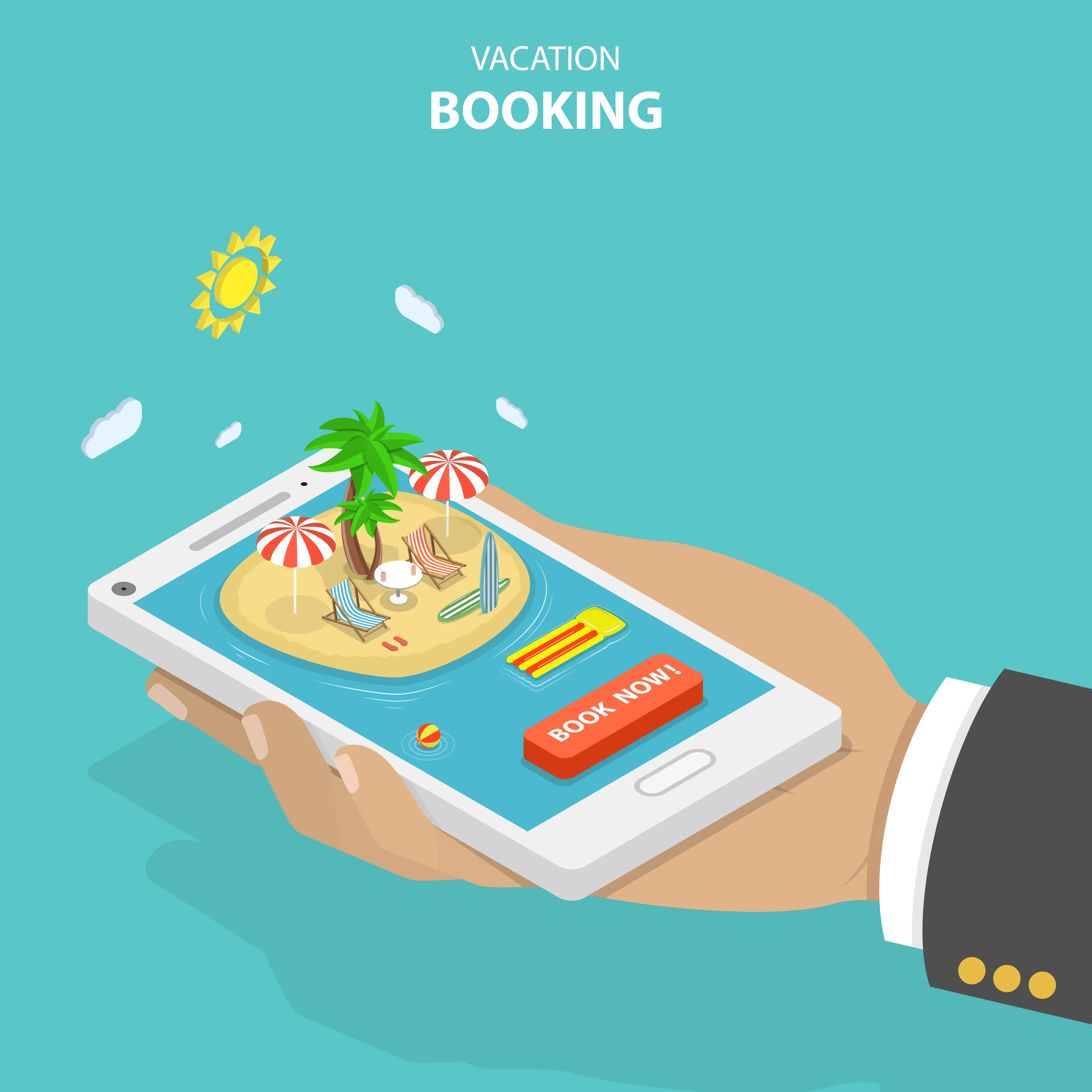 Isometric illustration of hand holding tablet with tropical beach vacation booking app showing palm trees, umbrellas and book now button for travel reservation platform