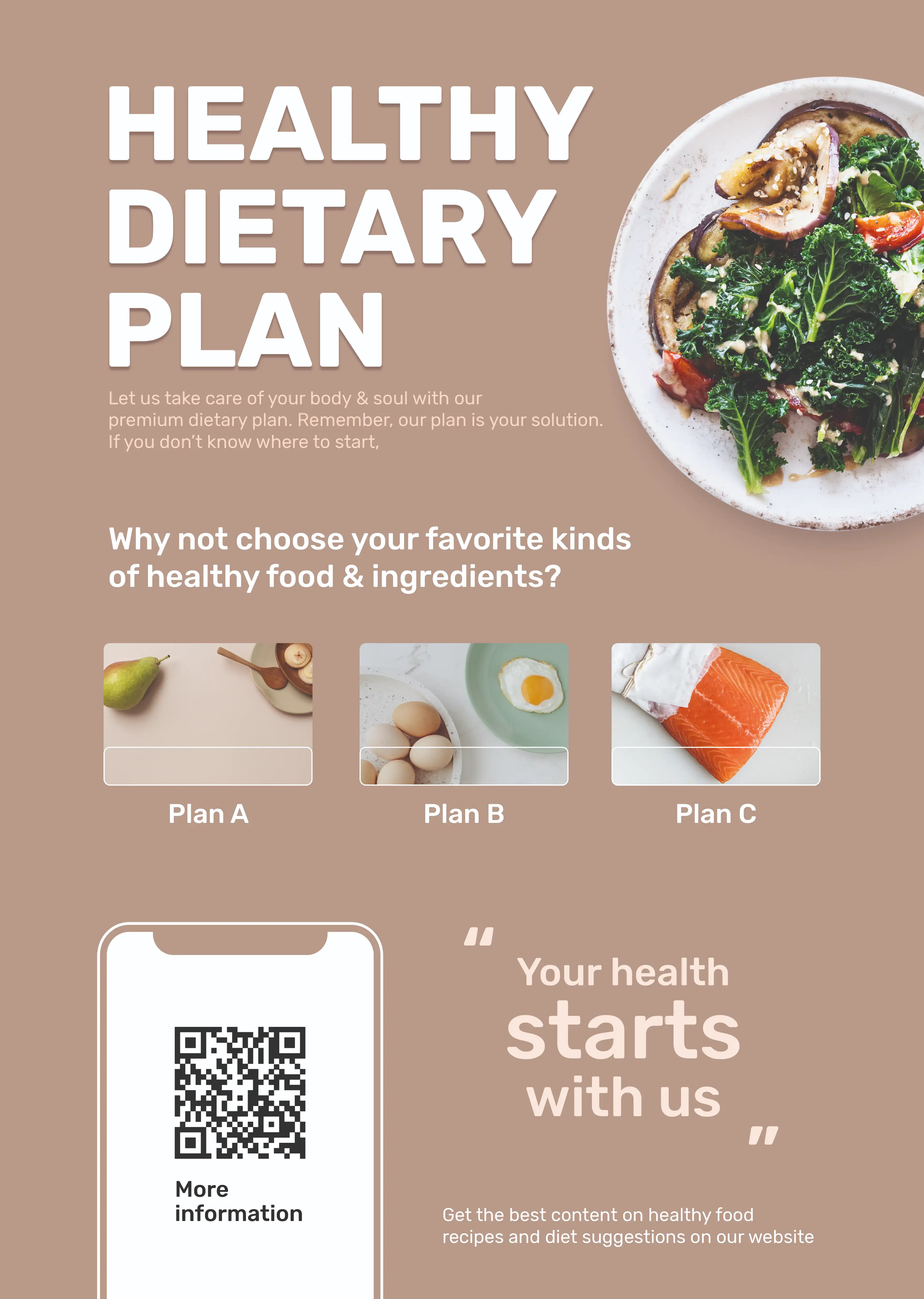 Healthy dietary plan poster with QR code on smartphone showing three meal plan options A B C featuring fruits, eggs and salmon with your health starts with us tagline for nutrition and wellness program