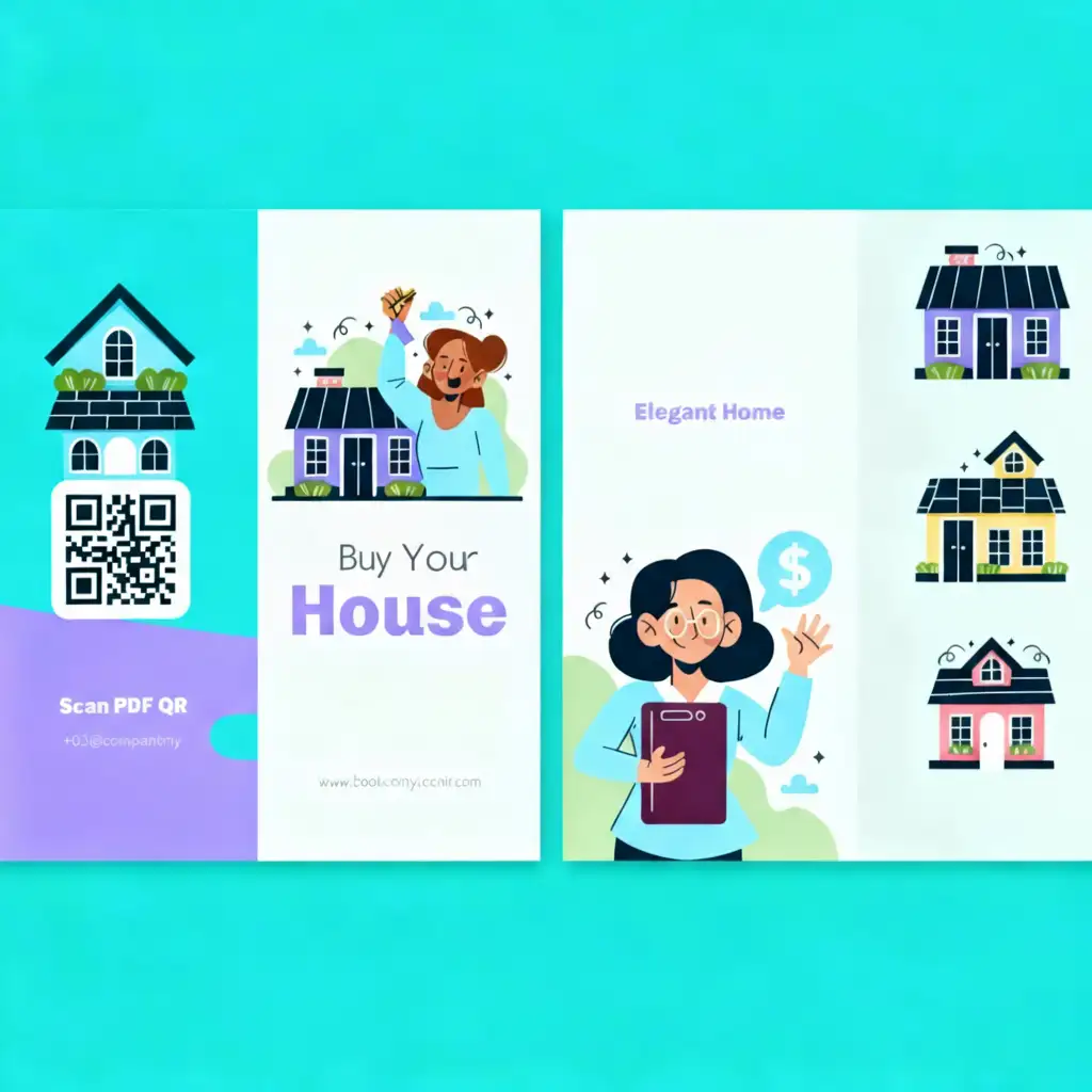 Buy your house real estate brochure design with QR code on turquoise background, featuring illustrated happy women agents with solar panel homes for elegant property sales and scan PDF functionality