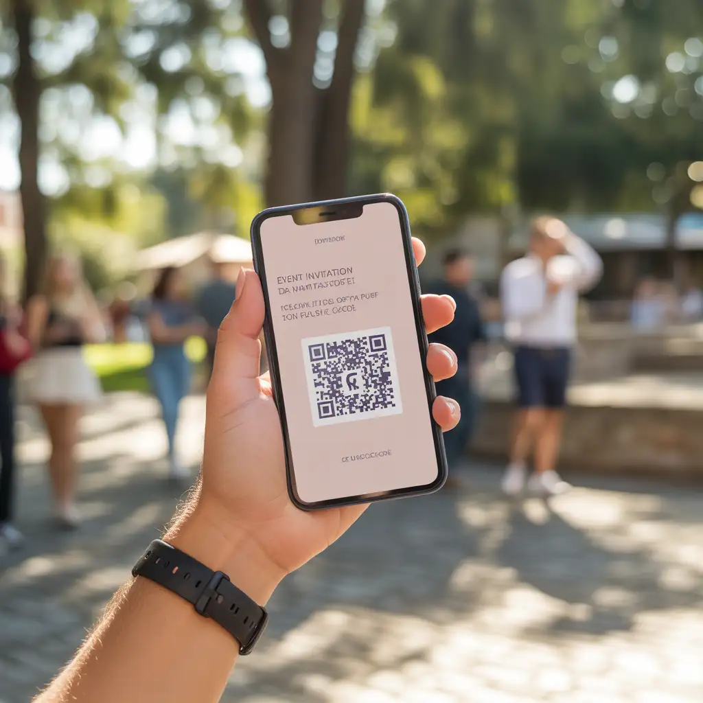 Hand holding smartphone displaying event invitation QR code with download app text in sunny outdoor park setting with blurred people and trees for digital ticketing and event access