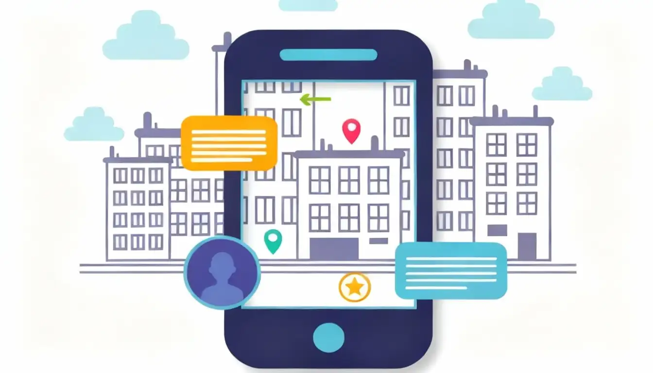 Illustration of smartphone with city buildings map showing location pins, user profile, star rating and message bubbles for location-based SMS marketing and local business communication services