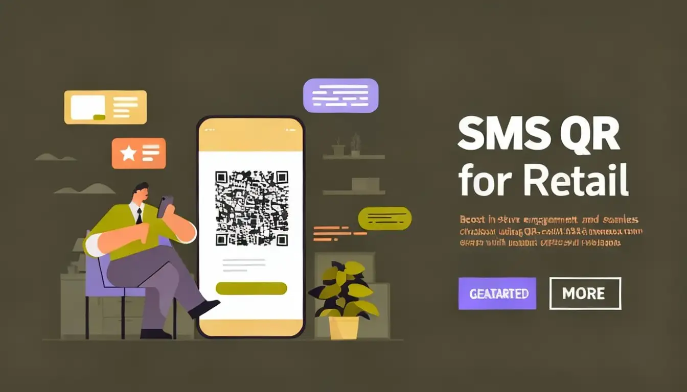 SMS QR code for retail marketing illustration showing person with smartphone scanning QR code on large mobile device screen with get started and more buttons for seamless omnichannel customer engagement